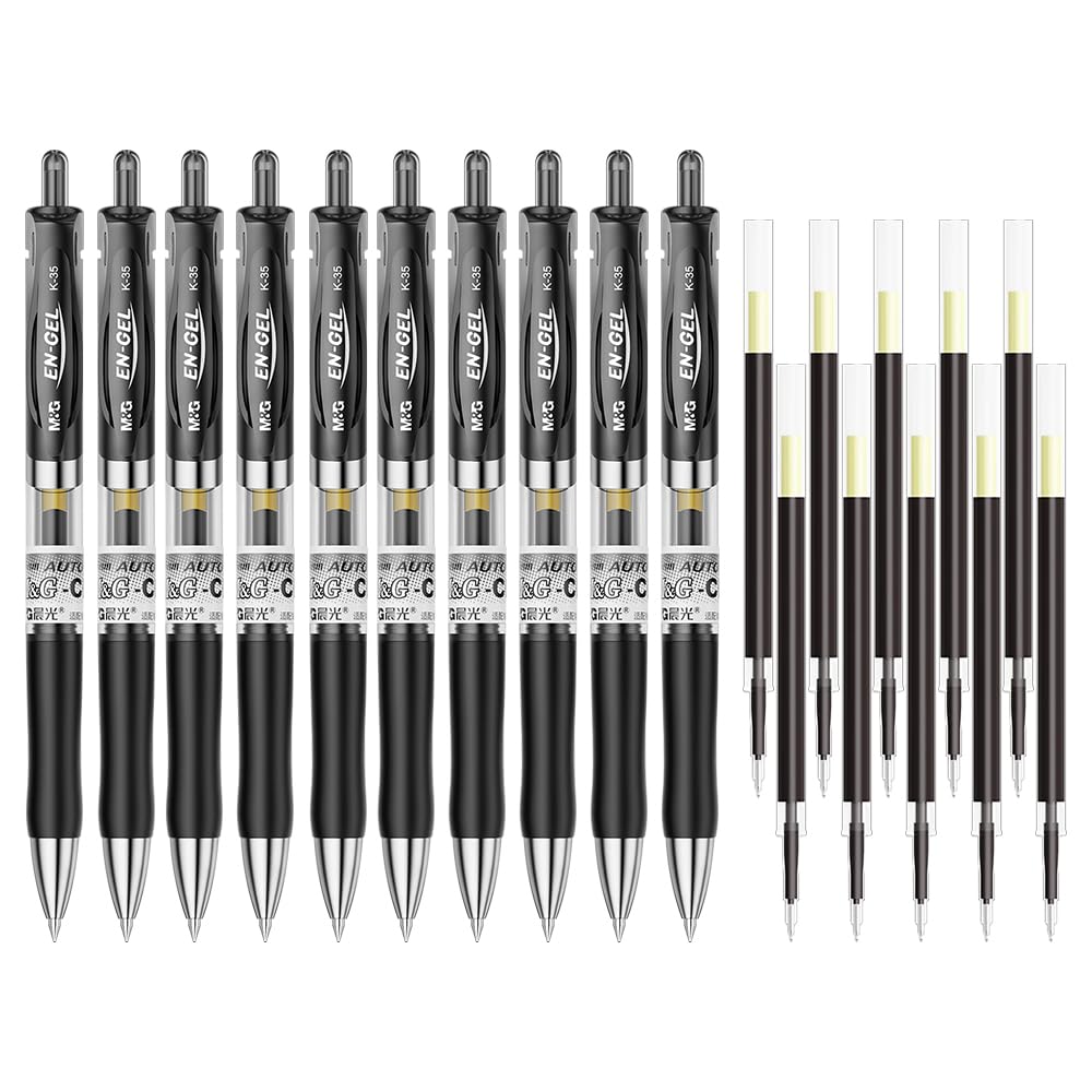 M&G 10PCS Gel Pens Set +10Gel Pen Refills, Black Gel Pen Medium Point, Retractable Eco-Friendly Gel Ink Rollerball Pens with Premium Ink & Comfort Grip for Smooth Writing K35