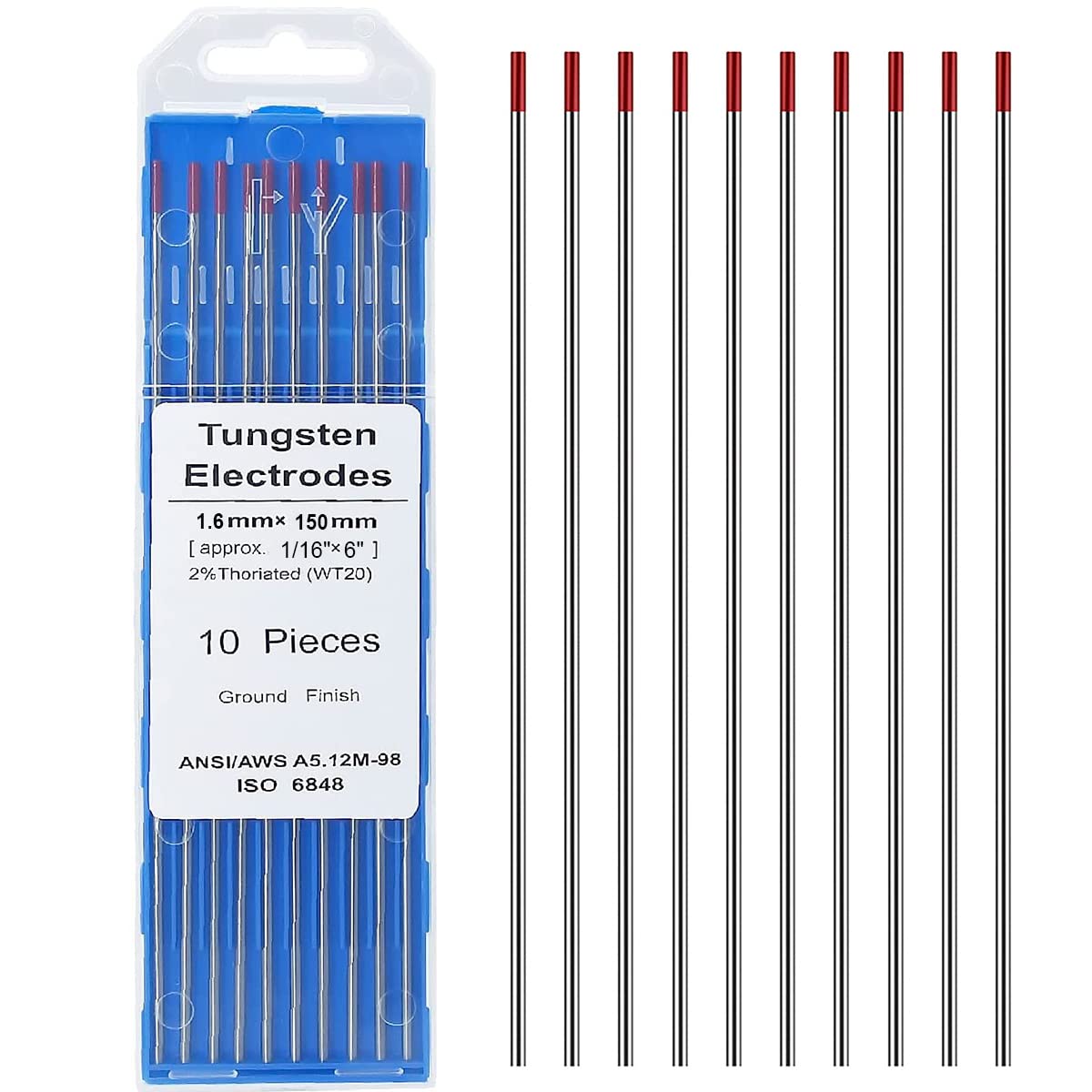 QAQGEARfor TIG Welding Tungsten Electrode Rod 2% Thoriated 1/16” x 6" (Red, WT20) 10 Pack, Ground Finish Arc Starts Easier and More Stable