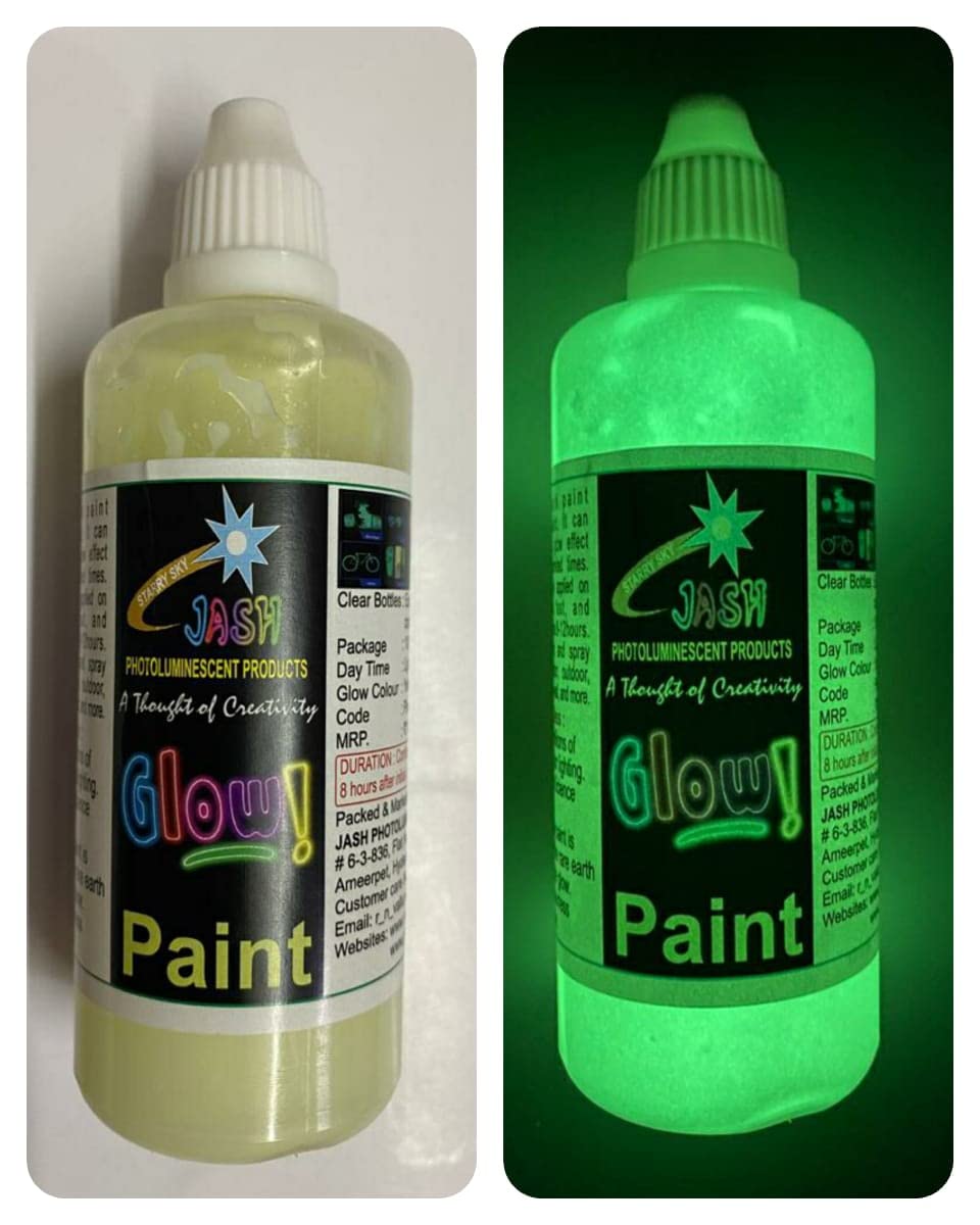 Jash Night Glow Paint Yellow-Green 100gm(100ml). Our Water Base Acrylic Glow Paint can be Easily Applied on Multiple Surfaces, Dries Fast, Glow time: 8-12hours.