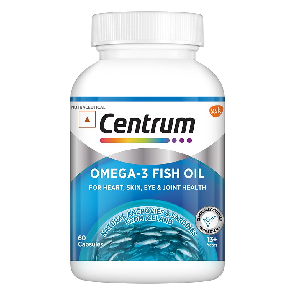 Centrum Omega-3 Fish Oil (60 Capsules) with EPA & DHA to support Joint, Heart, Skin, Eye, Brain, Hair & Muscle Health | World's #1 Multivitamin Brand