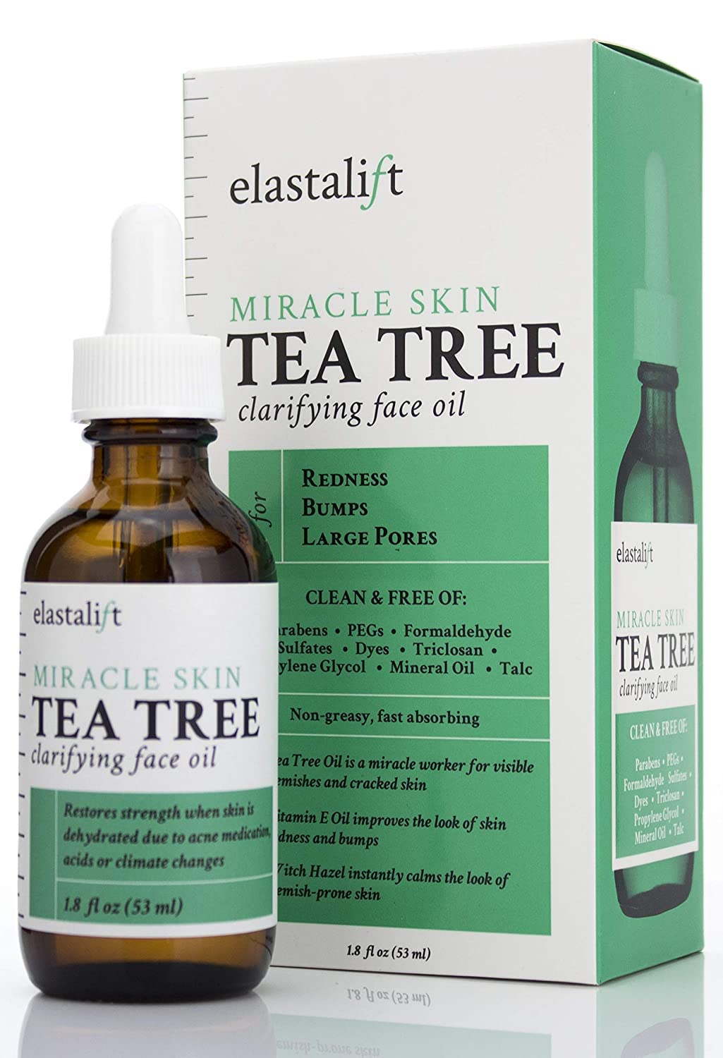 Elastalift Tea Tree Oil Facial Spot Treatment W/Witch Hazel Clarifying Tea Tree Oil For Face Helps Target Redness, Acne, Bumps, Dry Itchy Skin, & Large Pores. Non-Irritating Formula, 1.8 Fl Oz