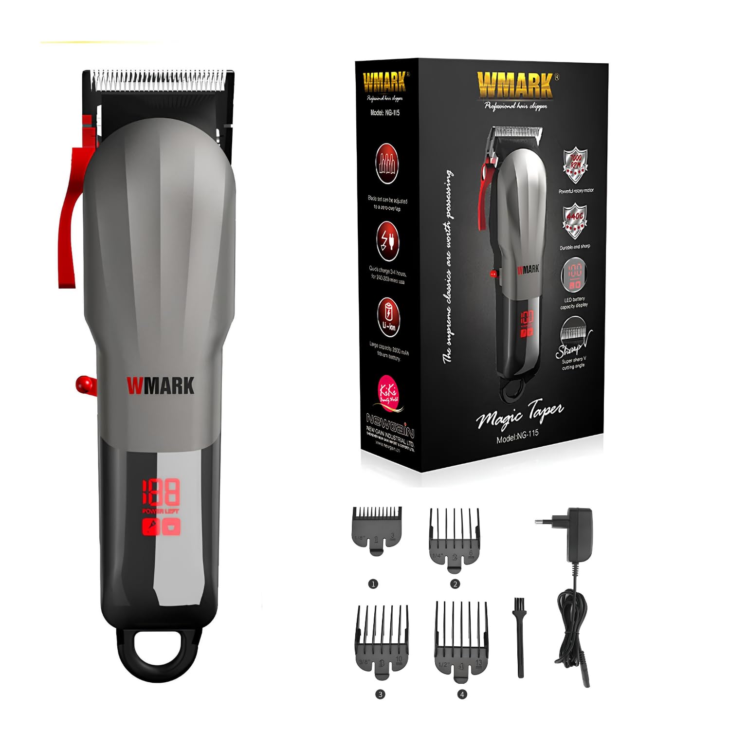 WMARK NG-115 Professional Zero Gapped Hair Clipper Self Sharpening Blade 7000 RPM Magnetic Motor charging adaptor 4 Guide Comb Taper Lever Adjustments for close cut trimming for men Runtime 300 min