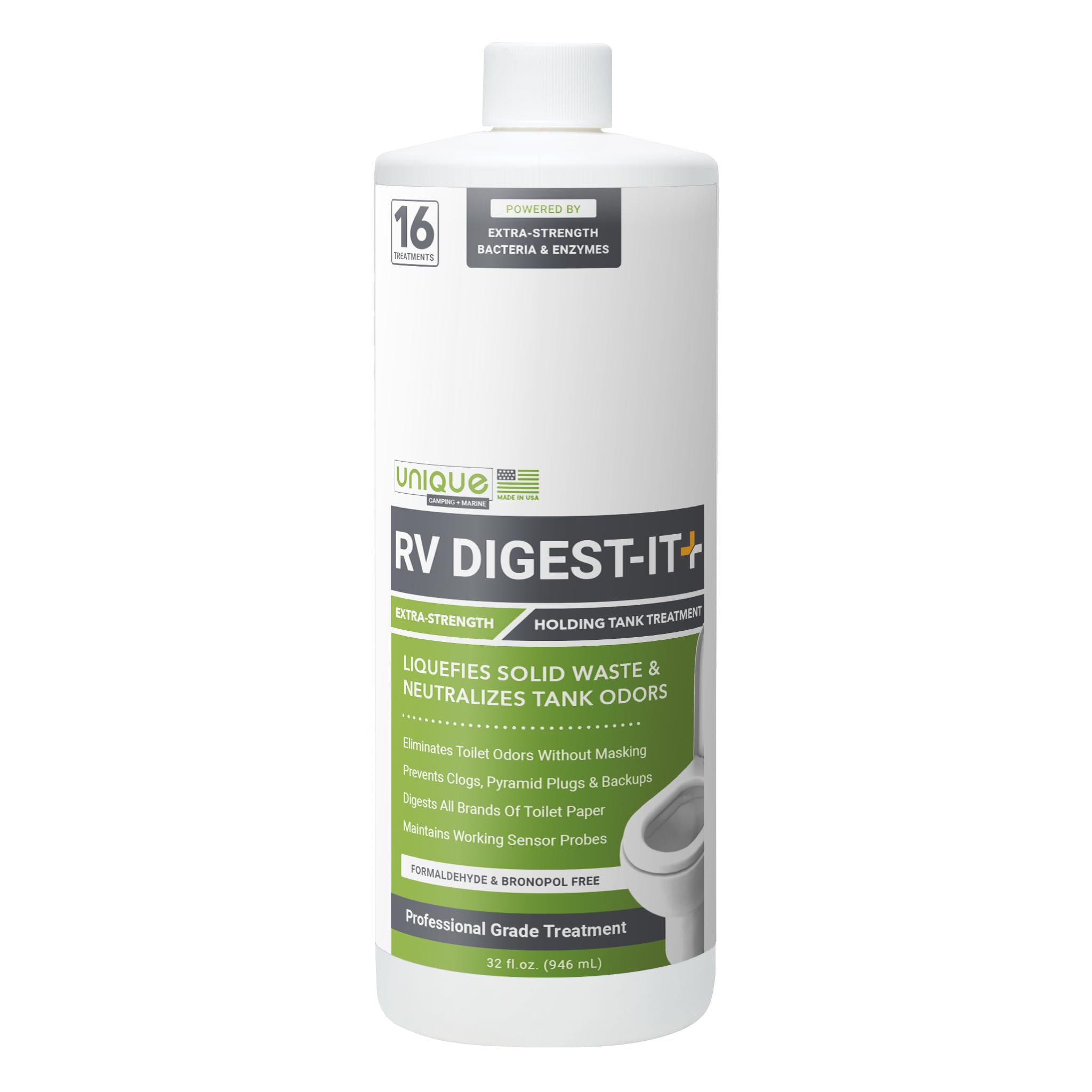 Unique RV Digest-It+, Extra-Strength Black Tank Treatment for RVs - Stronger Liquid RV Toilet Treatment, Eliminates Odor, Liquefies Waste, Prevents Sensor Misreading, CA Compliant (32 oz.)