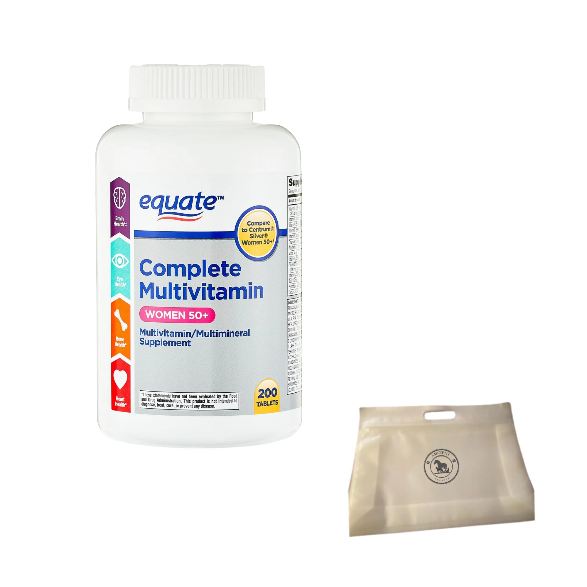 Equate Complete Multivitamin Adults 50 Plus for Women 200 Tablets (Pack of 1) Bundle with Reusable Food Pouch