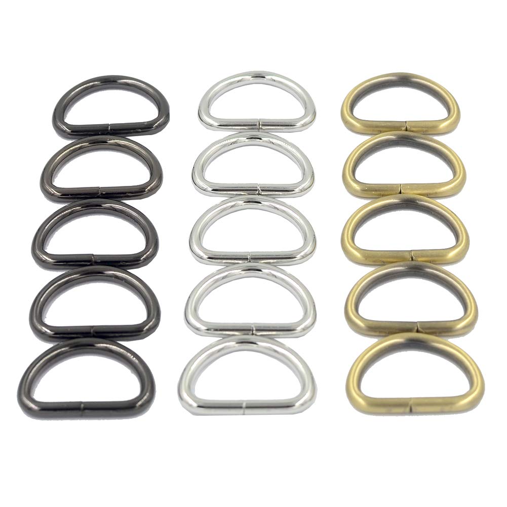 1 inch Strong Metal Webbing,Keychain D Ring Thick Leather Handbag Strap Loop Clasp Hook D Buckles 3 Color (Total 15pcs)