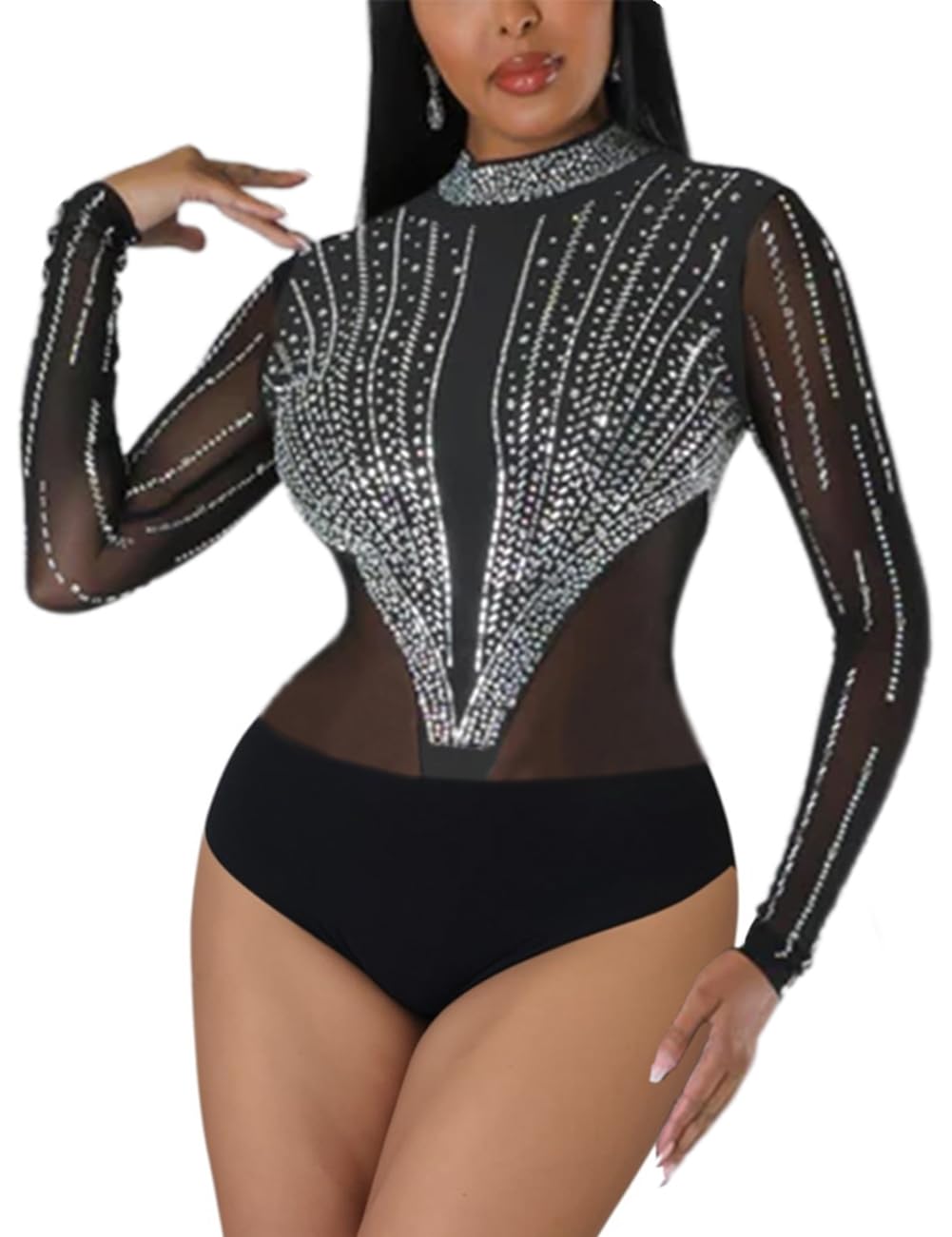 LradyLong Sleeve Bodysuit for Women High Neck Diamante Sheer Mesh Bodysuit Leotards X-Large