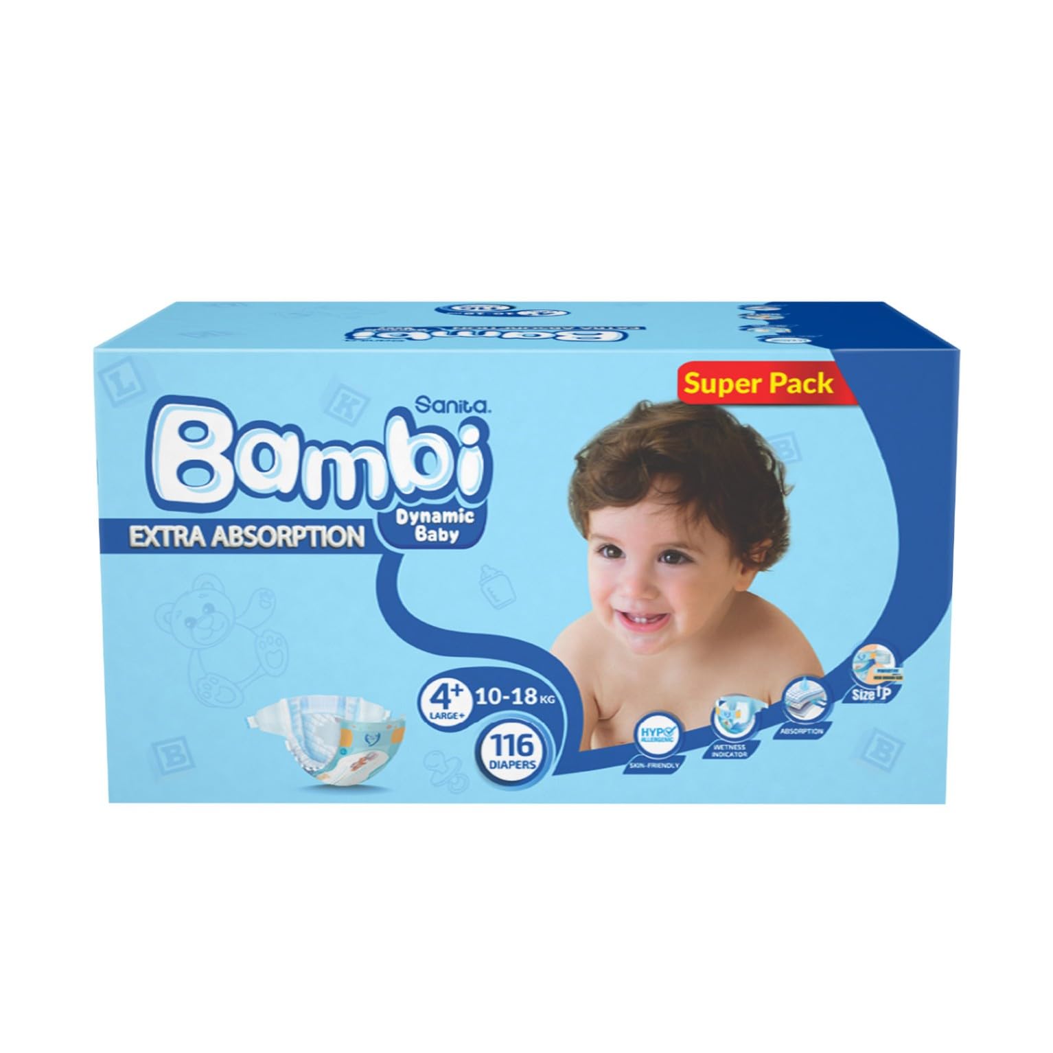 Sanita Bambi Baby Diapers, Size 4+, 10-18 kg, Skin-Friendly with Hypoallergenic Inner layer, Wetness Indicator, Leakage Protection & Comfort - Super Pack, 116 Count