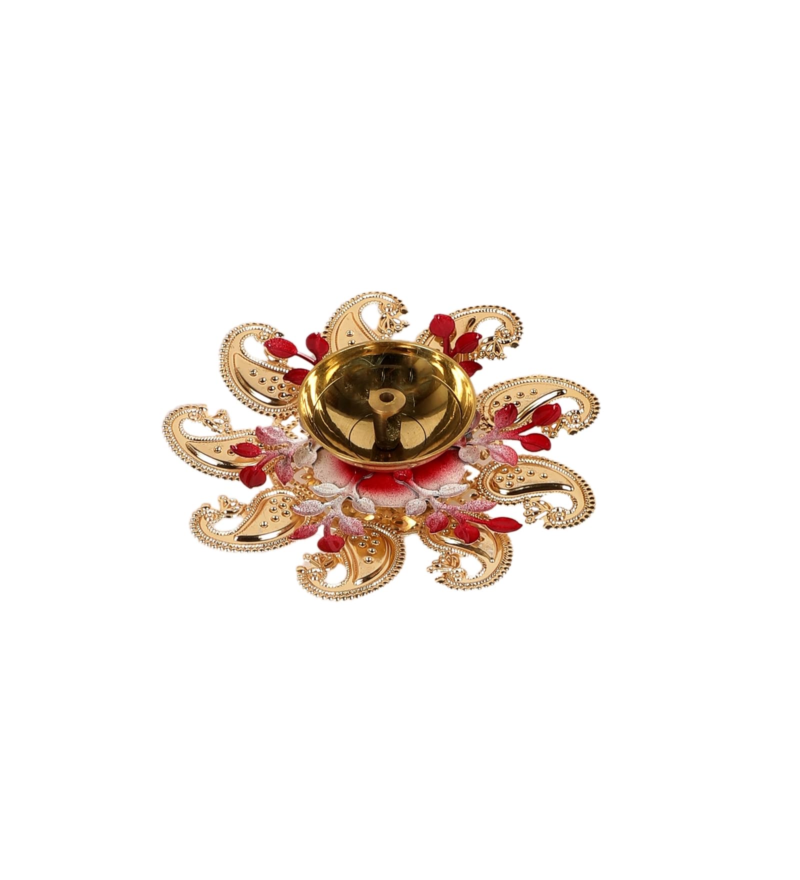 Itiha® Red Floral Brass Diya for Home Temple Diwali Gift Return Gift Wedding Gift- 4.5 inches