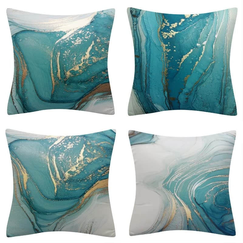 Mistyblue 4PCS Turquoise Design Cushion Cover Set 18x18 Inch, Home Decorative Throw Pillow Cases Single Sided Pattern, Short Plush Velvet, 45x45cm Square Cushion Case for Sofa Couch(Turquoise)