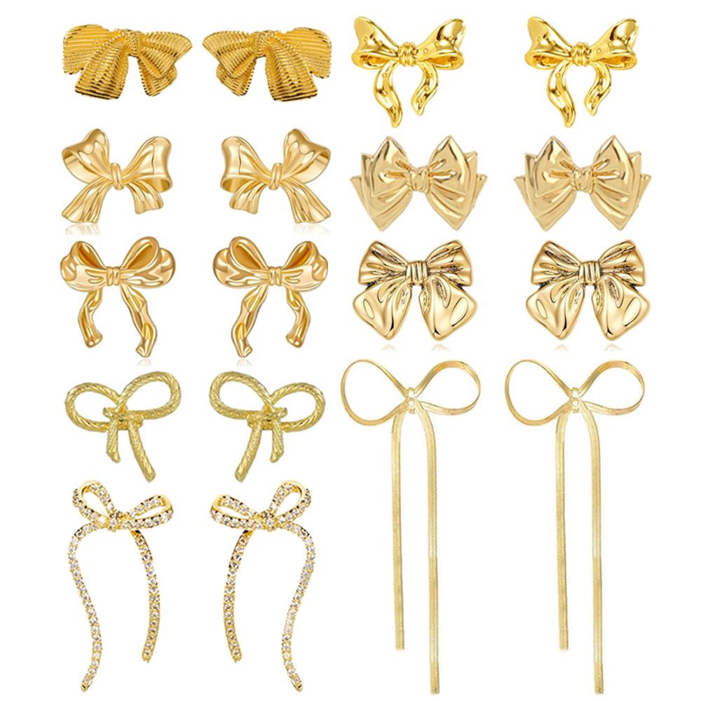 Coolkin9 Pairs Gold Bow Earrings for Women Classic Ribbon Bow Stud Earrings Cute Statement Jewelry Set