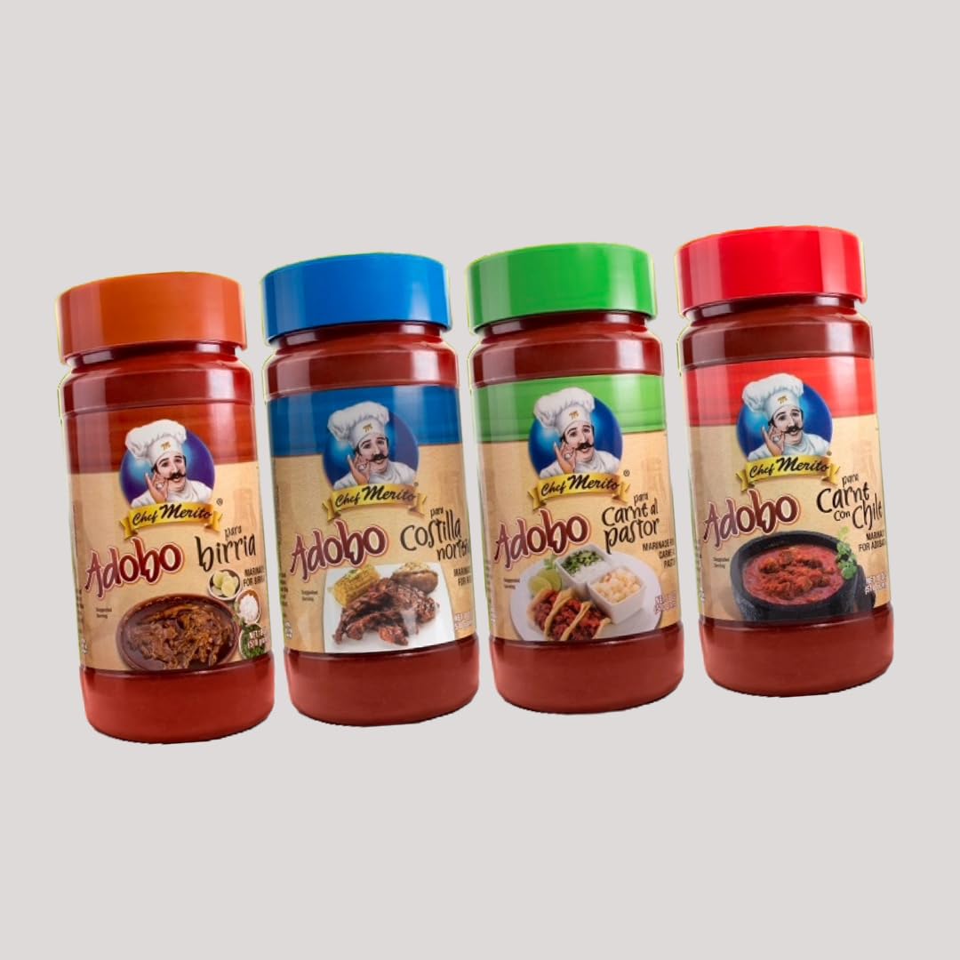 Chef Merito's Ultimate Adobo Flavor Sampler (4 Pack) Bundle includes Birria, Costillas Nortenas, Al Pastor, and Chili Con Carne.