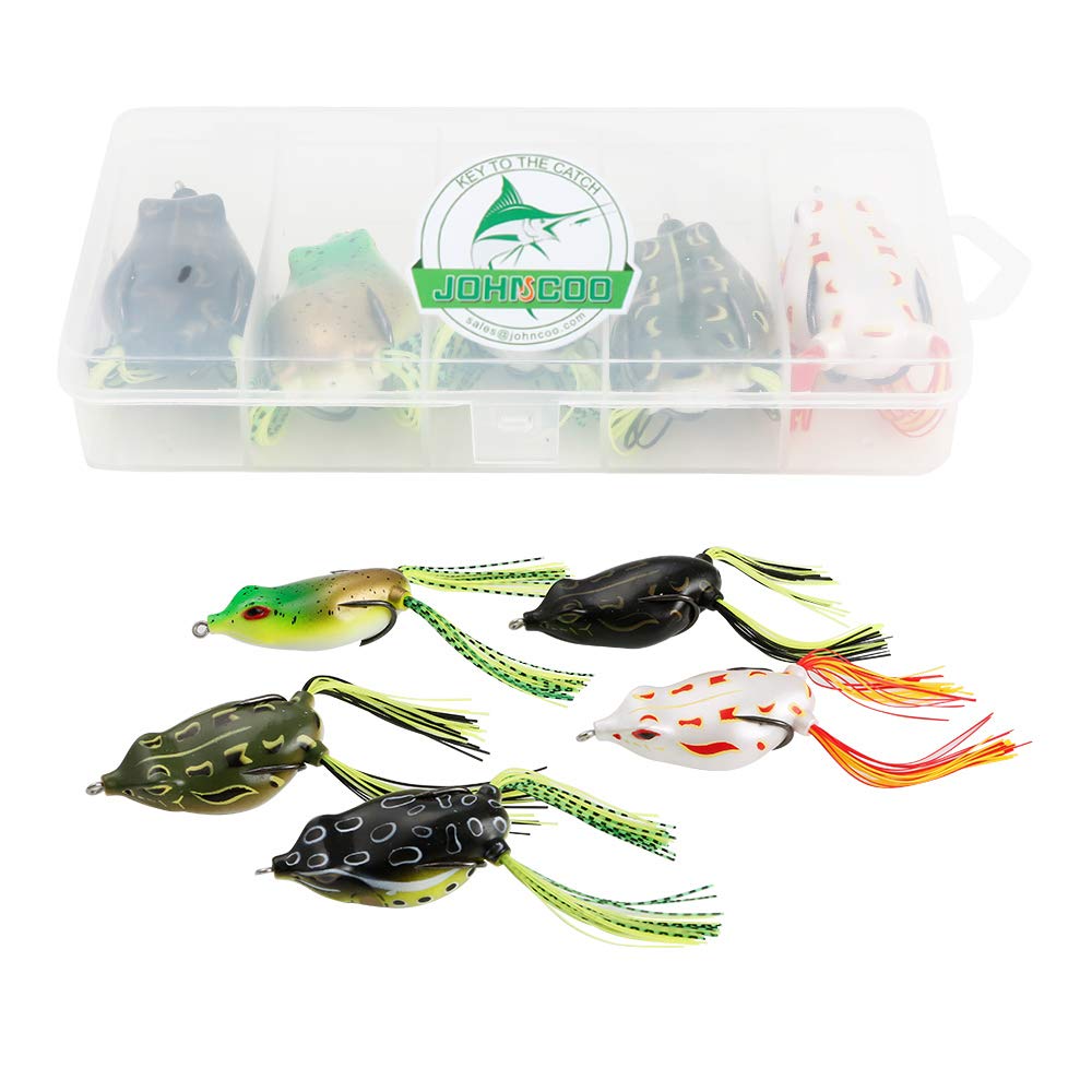 JOHNCOO 5pcs Topwater Frogs Soft Plastic Frog Box Fishing Lures Set Artificial Baits Weedless Lures for Snakehead Dogfish Musky Bass