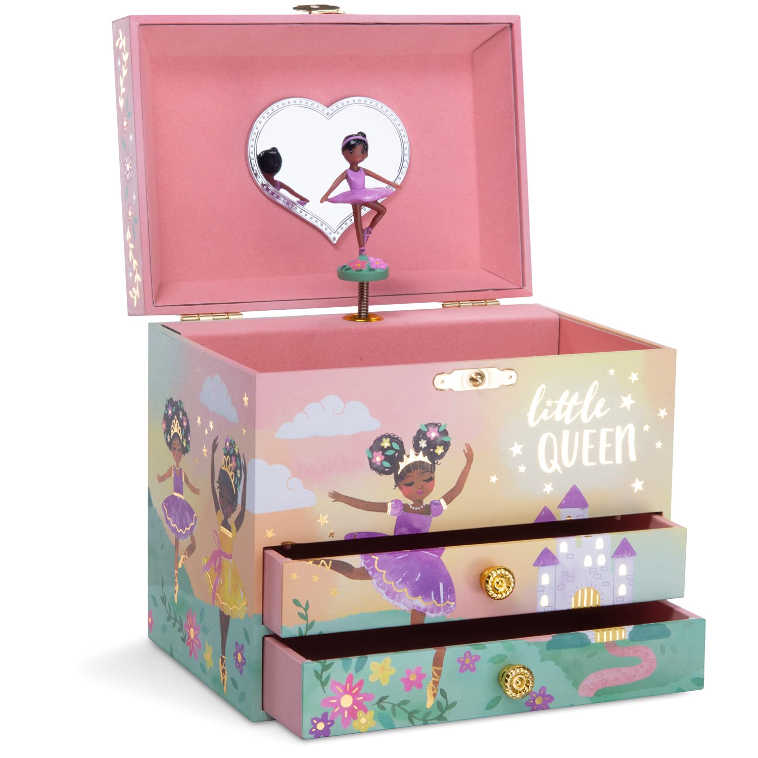 Jewelkeeper Girl's Musical Jewelry Storage Box with Spinning Ballerina, Pink Design, Swan Lake Tune, Kids Jewelry Box for Girls, Music Boxes for Girls