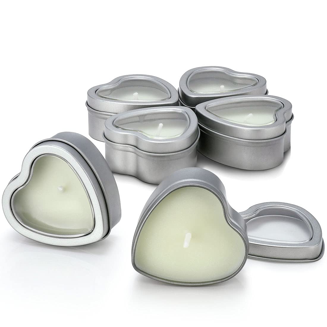 DEYBBYJasmine Scented Soywax Tealight Candles, White Heart Shaped Aromatherapy Candles Gifts Tins for Women, Mother, Wife, Lover (Pack of 6)