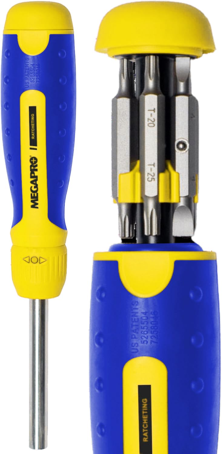 Ratcheting Screwdriver - 13-in-1 Multi Bit Screw Driver w/ ¼" Hex Shaft for Phillips, Star, Flat, Square Bit - Ratchet Screwdriver w/Retractable Cartridge - Multi Screwdriver (Yellow)