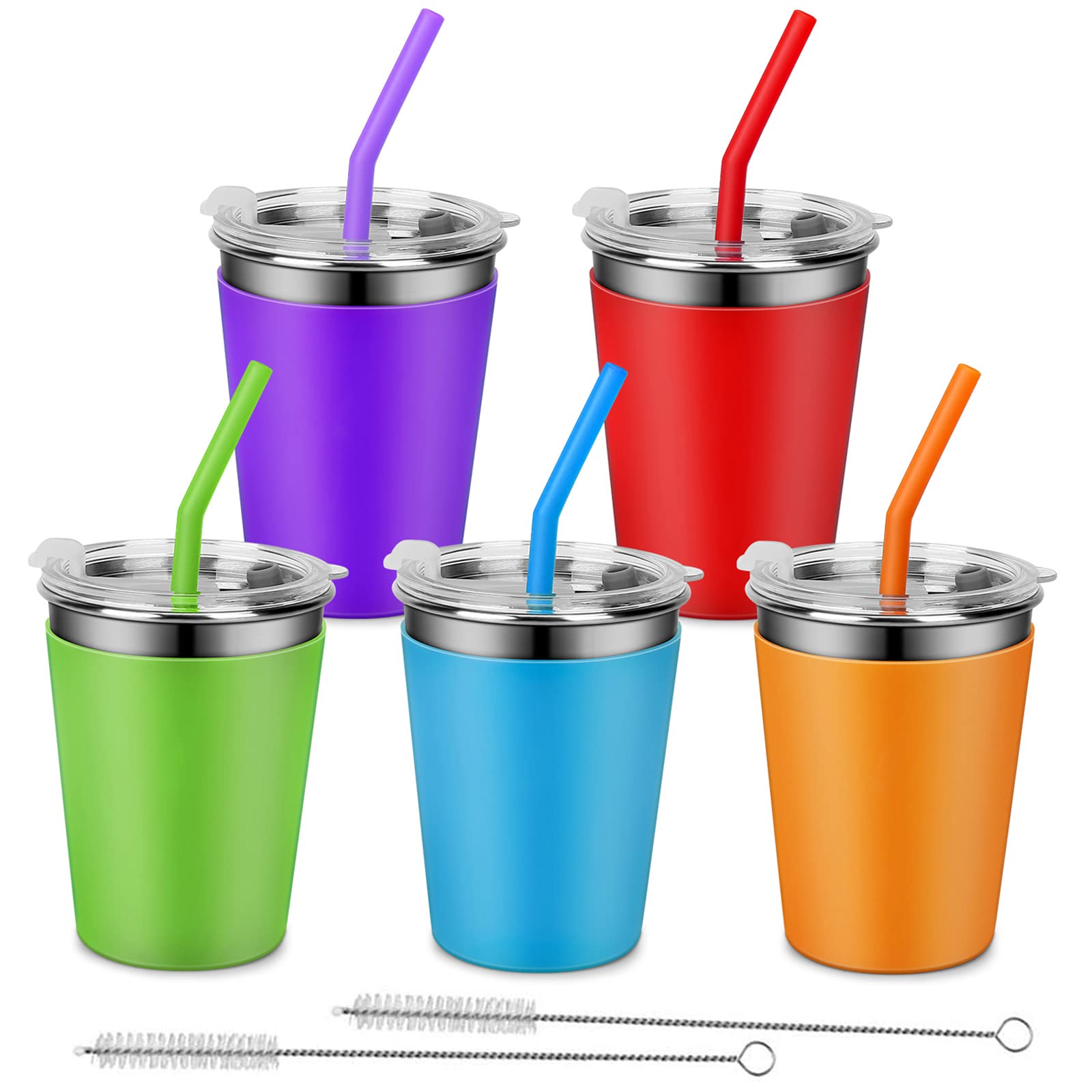 Kids Tumblers with Lids and Straws, 5 Pack Upgrade 12oz Stainless Steel Unbreakable Toddler Cups Spill Proof with Colorful Sleeve, Reusable Drinking Cup for Adults and Children