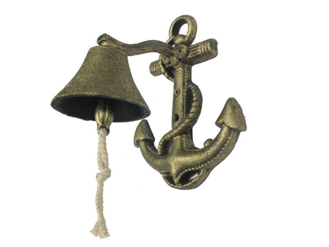 Hampton Nautical Rustic Gold Wall Mounted Anchor Hanging Bell 8" - Vintage Cast Iron Decoration - Metal Wall Decor