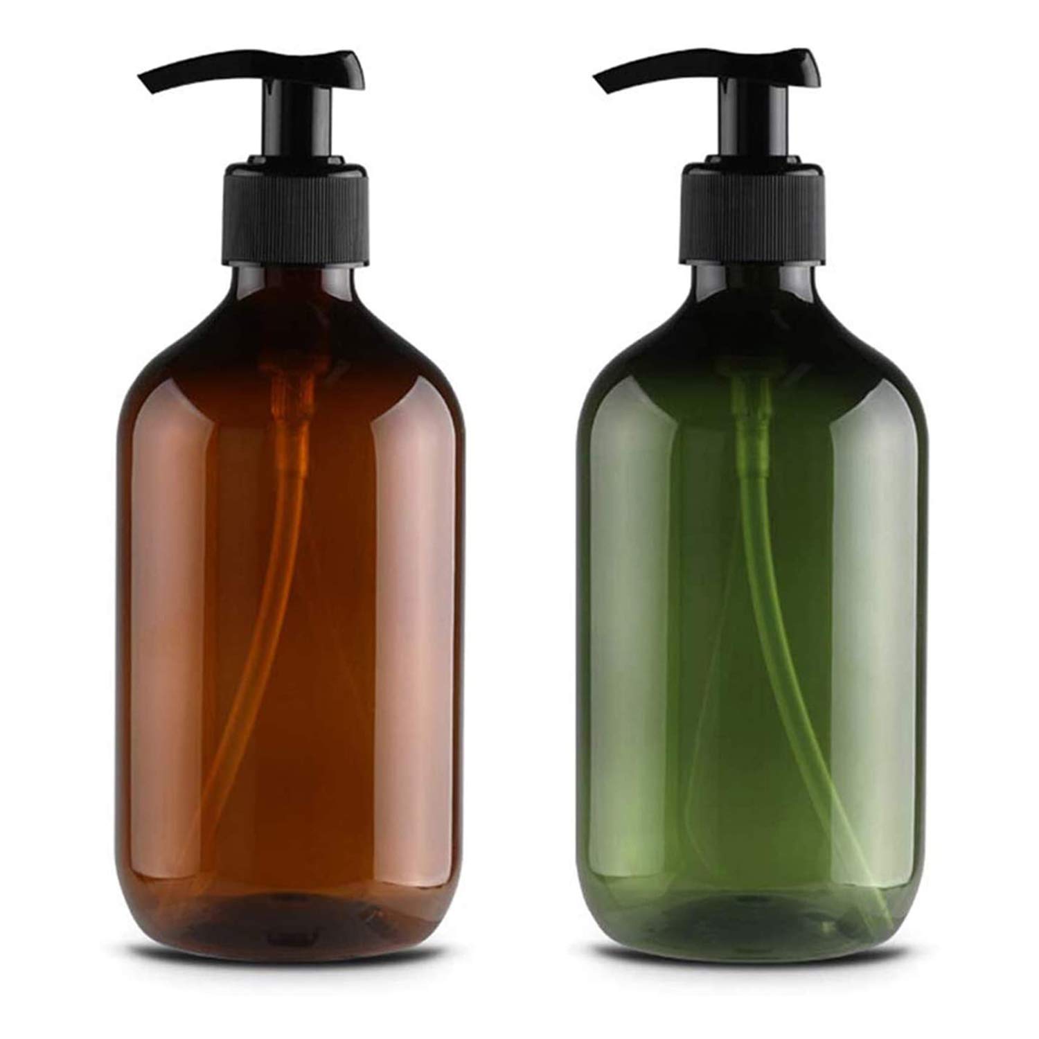 2 Pcs Empty Press Pump Bottles, 500ML/17oz Refillable Bottle for Cooking Sauces, Plastic Liquid Soap Dispenser Refillable Container for Essential Oils, Lotions, Shampoo, Conditioner (Brown Green)