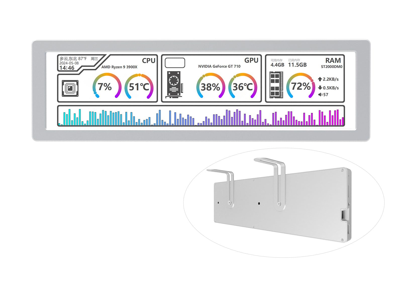 waveshare 8.8 inch USB Monitor, 1920 x 480 Resolution,PC Case Secondary Screen/Desktop RGB Ambient Screen, IPS Panel, with Music Spectrum Analysis Function, Type-C Interface, CNC Metal Case, Silver