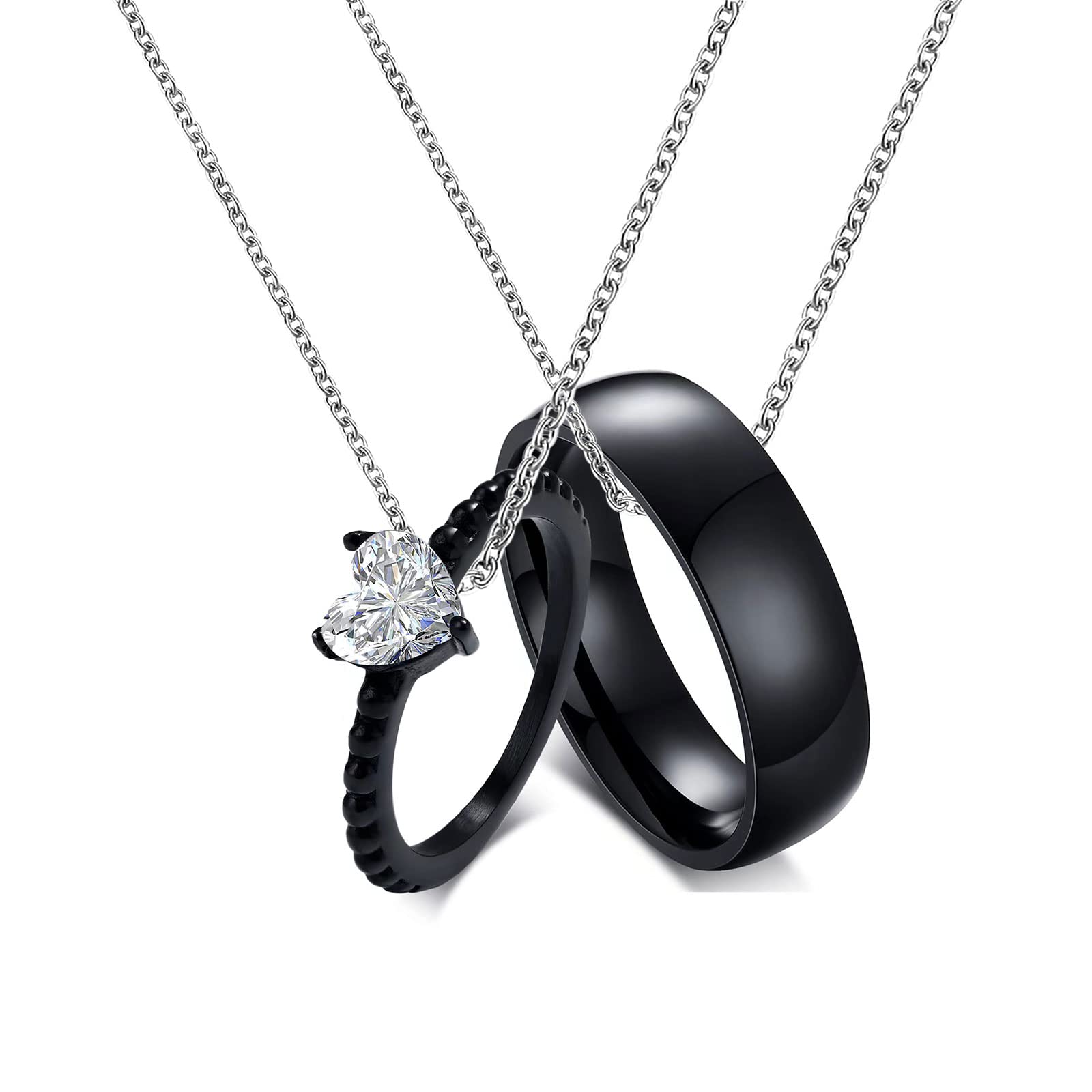 KunBead Zircon Black Ring Necklace Matching Couple Jewelry Necklace for Him and Her sets for 2-Stainless Steel