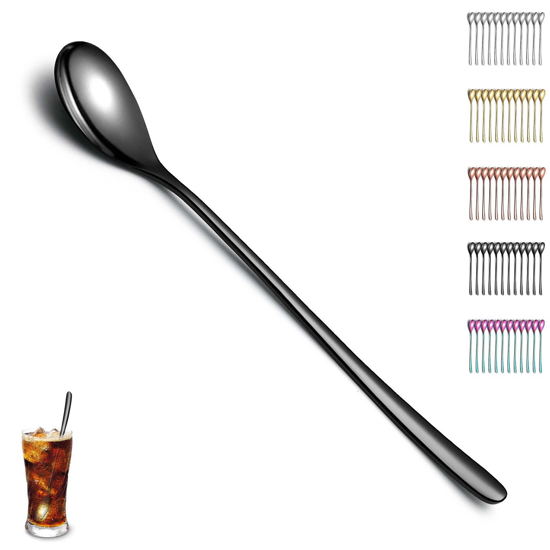 Evanda Set of 12 Pieces Black Long Handle Iced Tea Spoon, Titanium Plating Black Stainless Steel Teaspoons, Stirring Bar Spoon, Coffee Spoon, Ice Cream Spoon, Cocktail Spoon