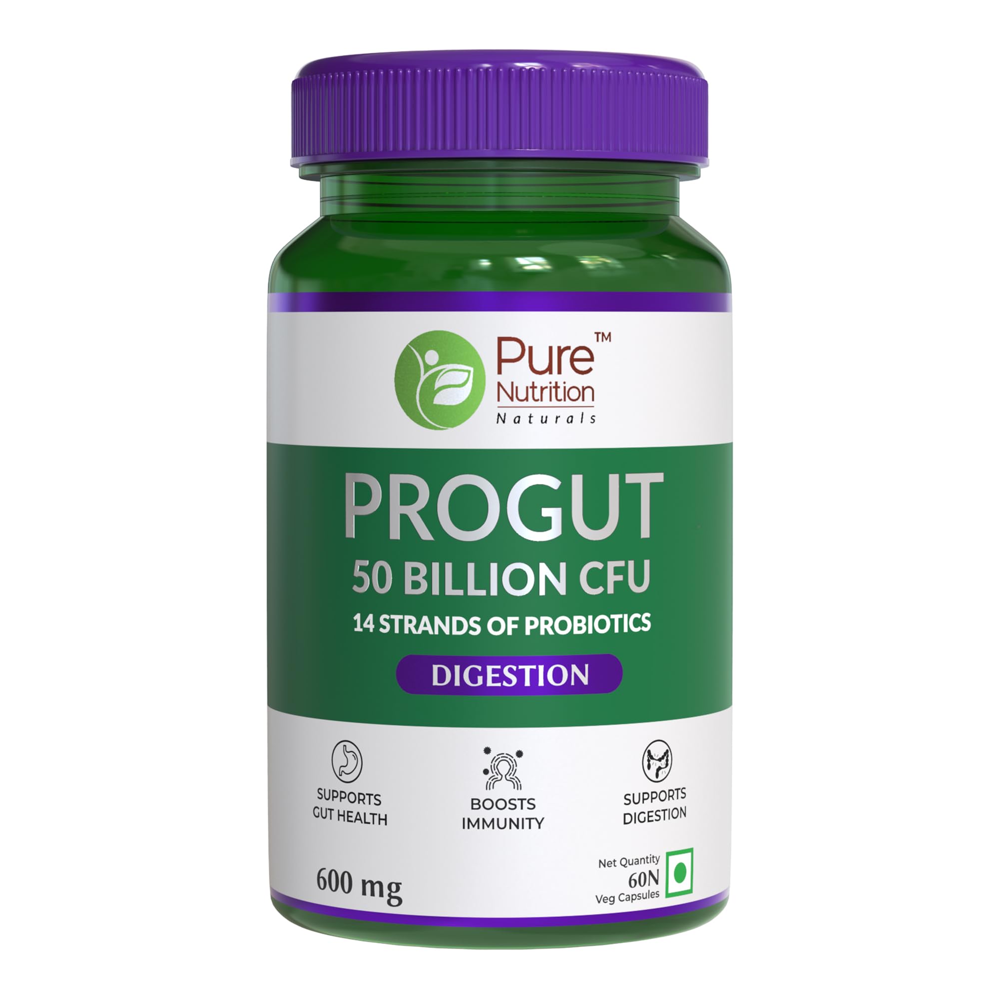 Pure Nutrition Progut Plus - Powerful blend of Pre and Probiotic Formula to support healthy digestion. Broad Spectrum with Six Powerful Strains - 60 Veg Capsules