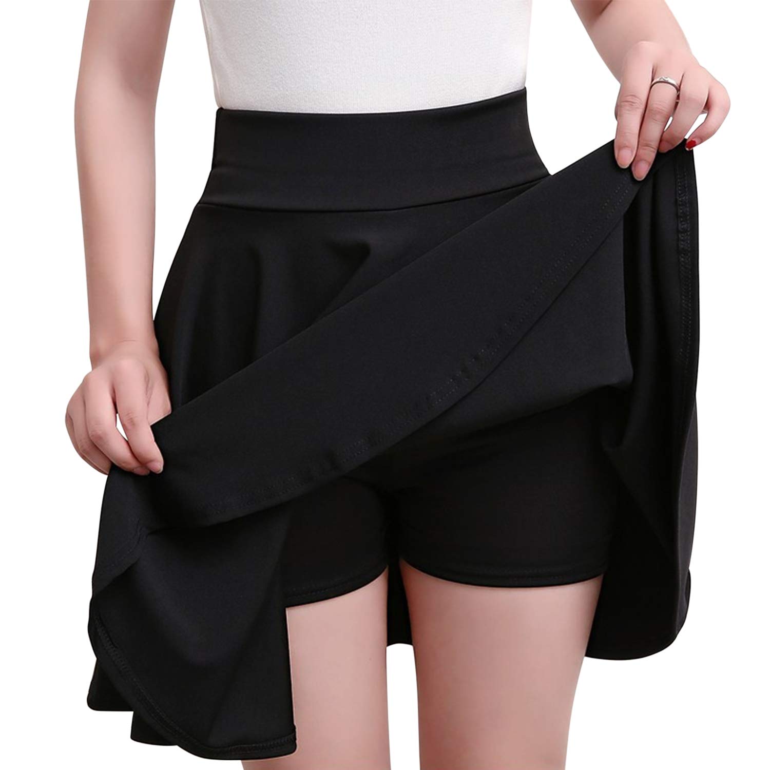 Womens High Waisted A-line Pleated Mini Skater Skirt Solid Color Casual Flared Ruffle Skorts