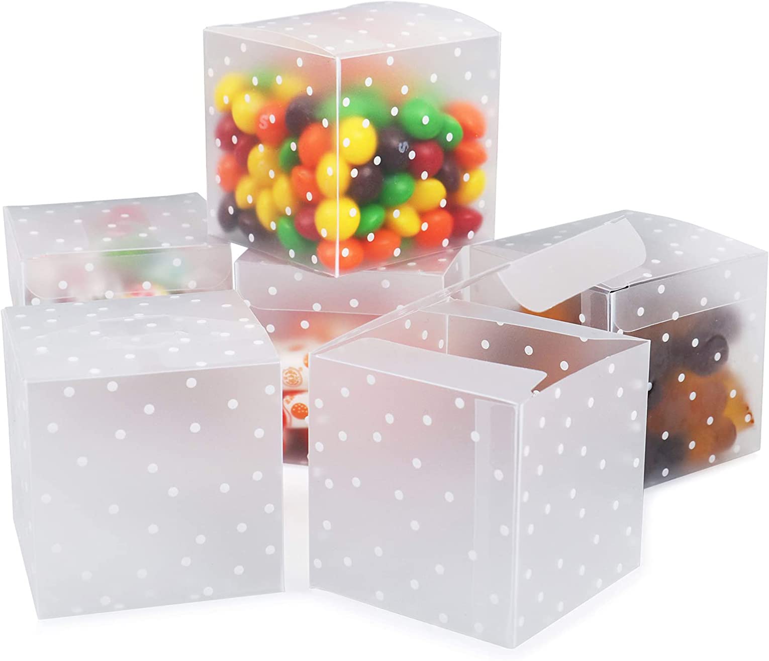 ELECDON 30PCS Dots Clear Cube Wedding Party Favour Boxes PVC Transparent Square Small Gift Boxes for Candy, Sweets, Chocolate, Item Storage Display (Clear Dots, 6x6x6cm)