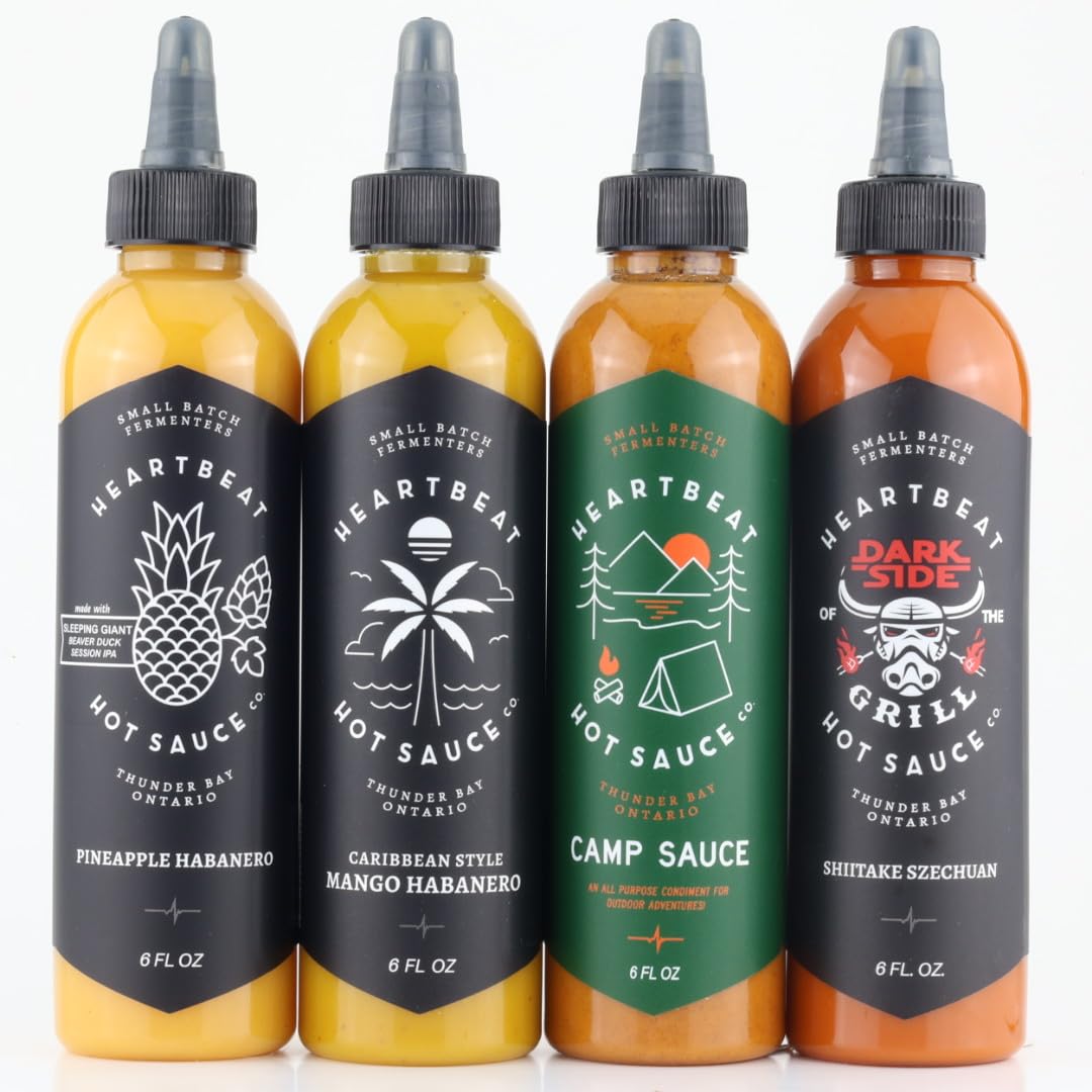 Heartbeat Hot Sauce - 4 Pack Hot Sauce Gift Sets - Heartbeat Pineapple Habanero Hot Sauce(Seen on Hot Ones), Camp Sauce, Caribbean Mango Habanero, Dark Side of the Grill Shitake Szechuan -Small Batch & Handmade, fermented hot sauce, Preservative Free