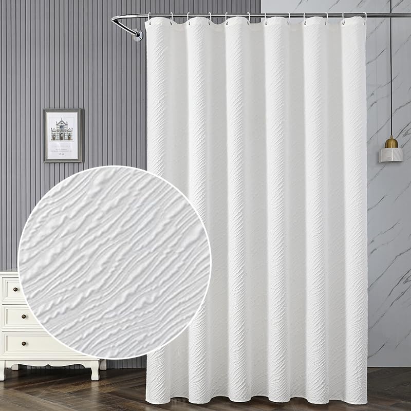 AIBIIN White Modern Shower Curtain Waves Cloth Shower Curtains for Home Hotel Bathroom Decor 3D Geometric Embossed Textured with 12 Hooks 180x180cm