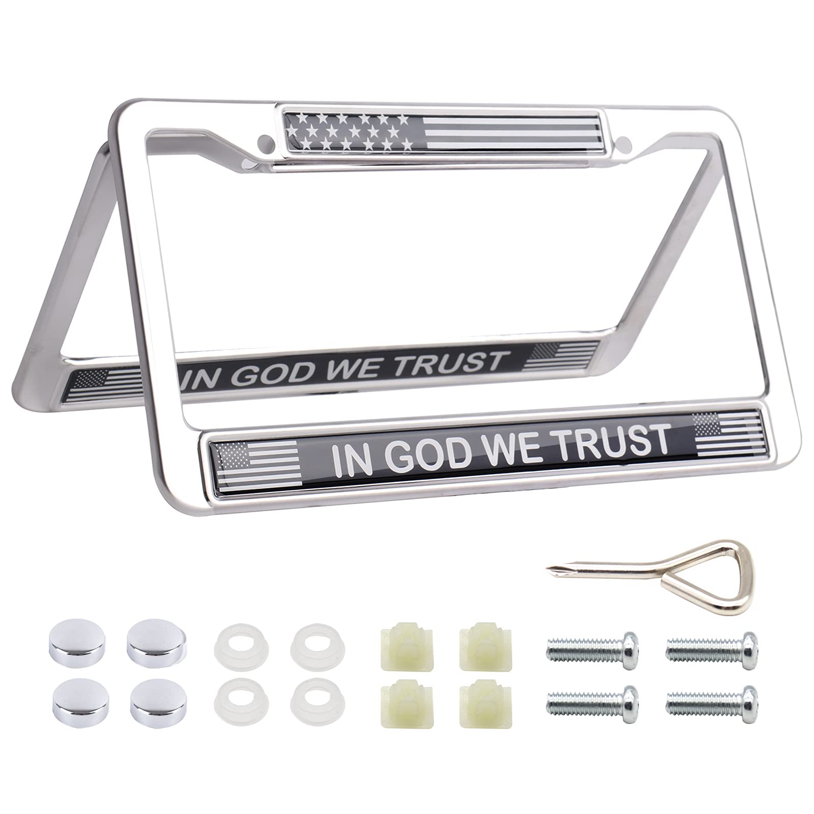 in God we Trust American Flag License Plate Frames - Chrome Stainless Steel Car Tag Frame License Plate Holder (2PCS)