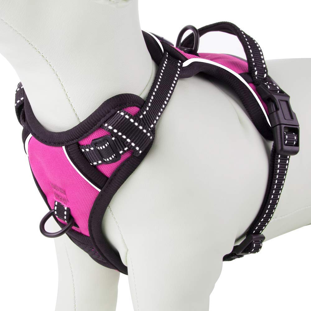 PHOEPETReflective Dog Harness No Pull Large Breed Vest with 2 Metal Leash Attachment Hooks(L, Pink)