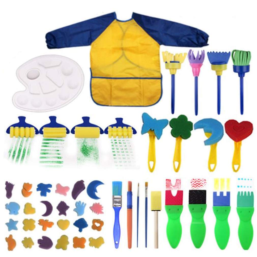 AM ANNA Kids Early Learning Sponge Painting Brushes Kit, 47 Pieces Sponge Drawing Shapes Paint Craft Brushes for Toddlers Assorted Pattern, Including Children Waterproof Art Painting Smock Apron