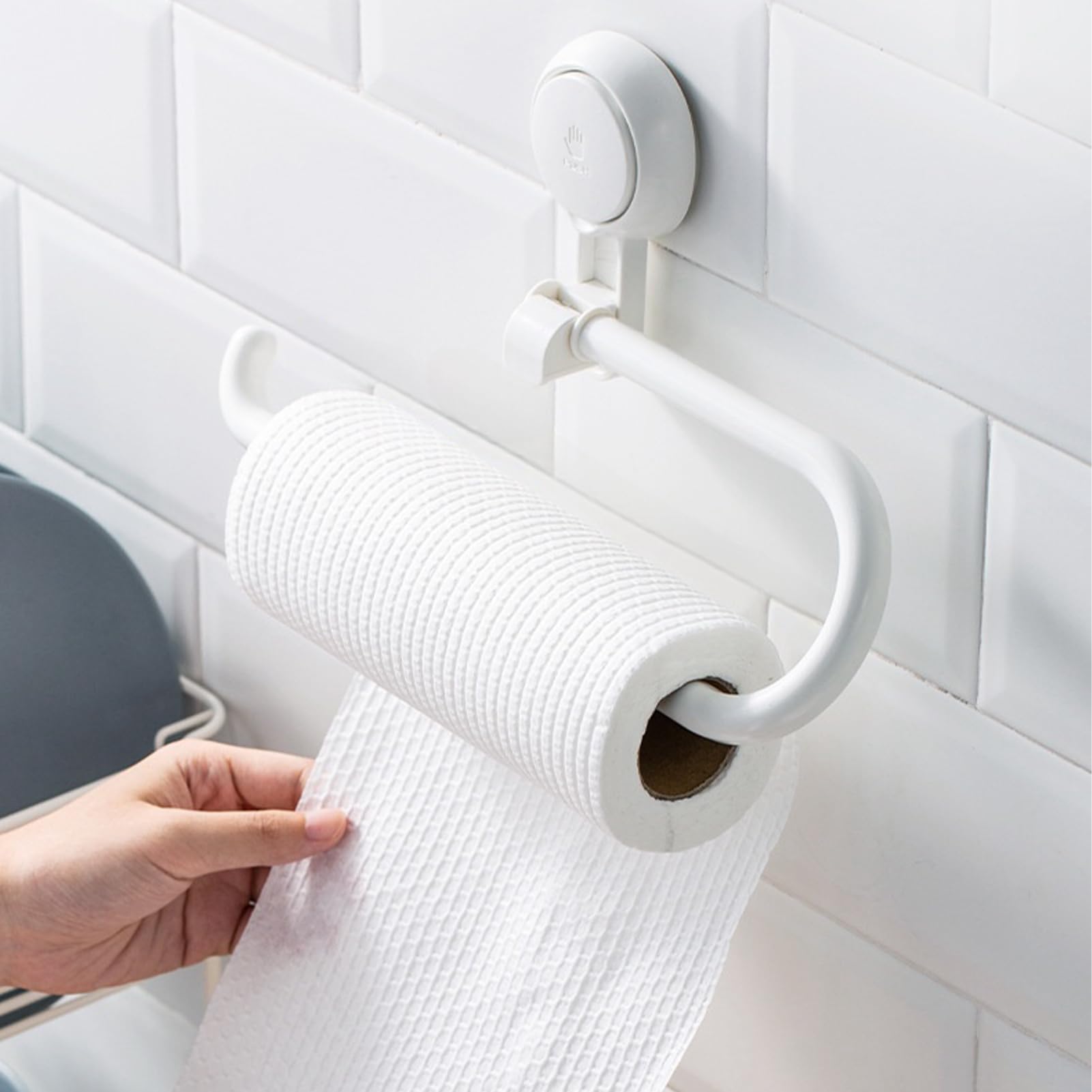 Kitchen Roll Holder, White Plastic Suction Cup Paper Towel Holder, Wall Mounted, Self-Adhesive Kitchen Roll Holder, No Drilling, Roll Holder, Kitchen Wall, Suitable for Kitchen, Bathroom and Sink