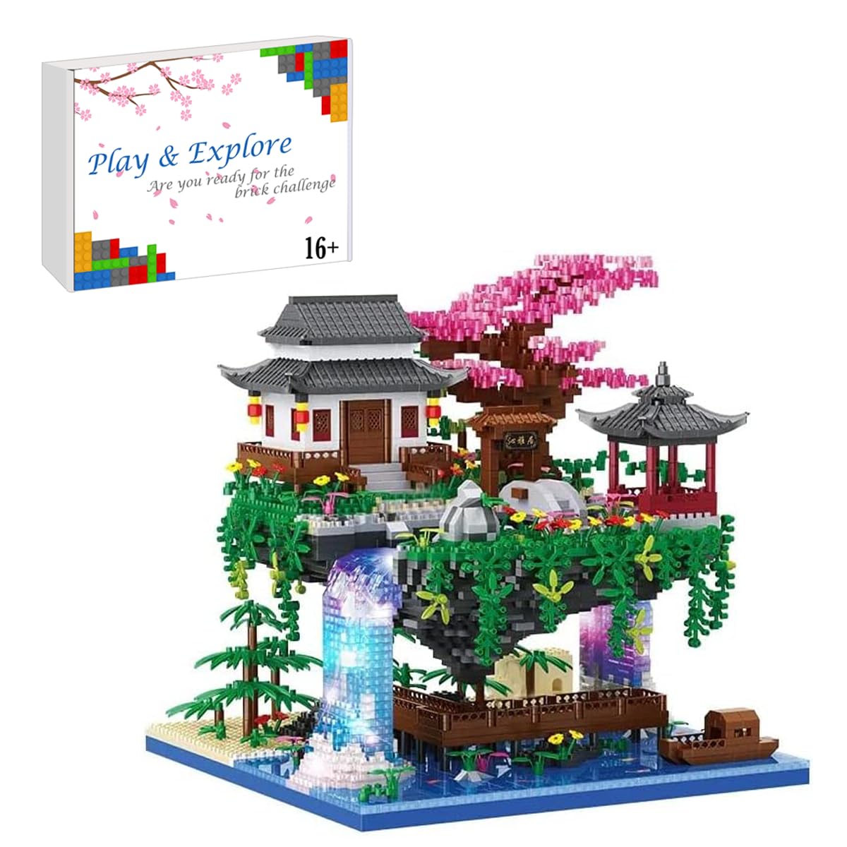 Street View Peach Blossom Pool Tree Building Blocks Set, 3320+Pcs Chinese Architecture Creative Micro DIY Bricks Model Kit, Construction Toy