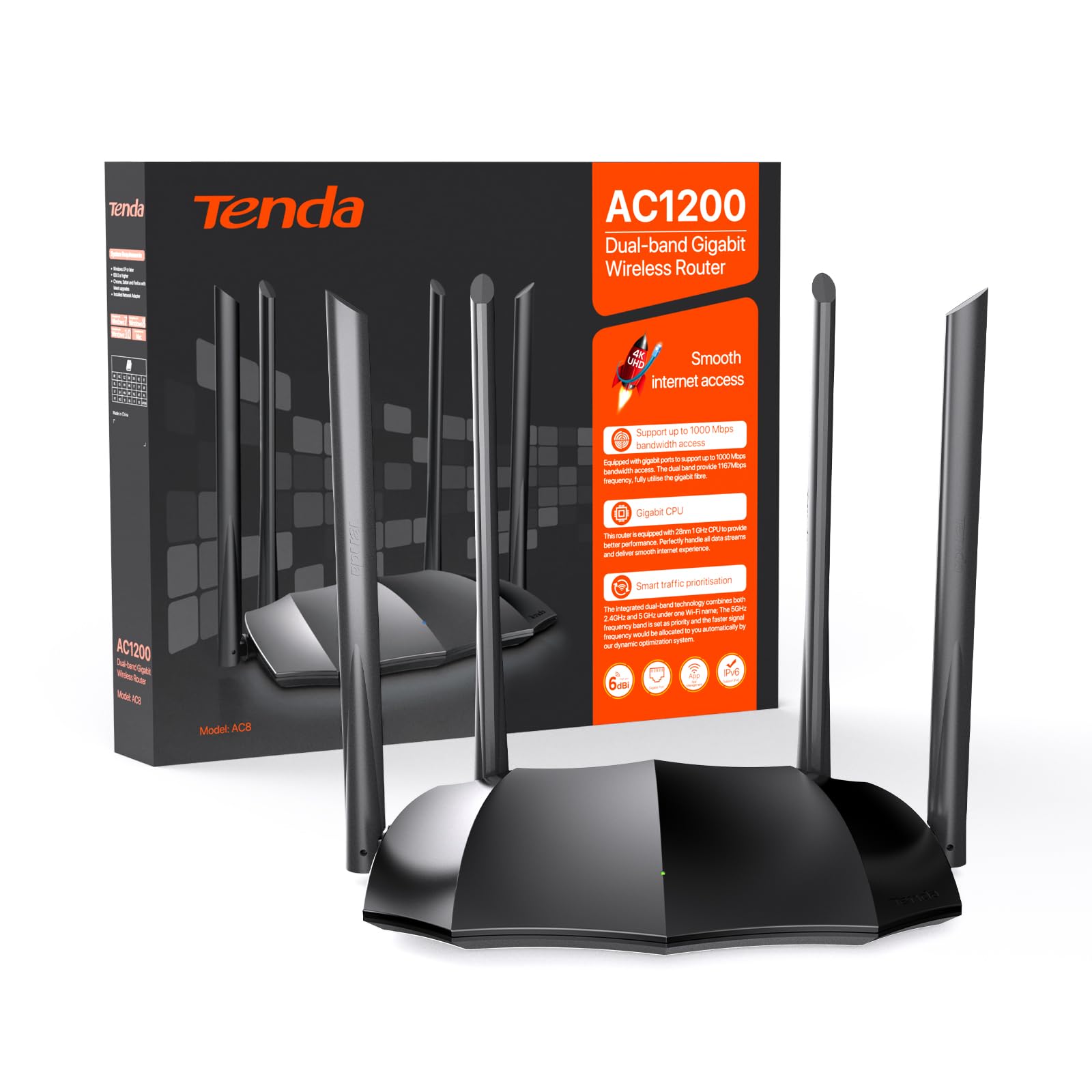 TendaRouter WiFi AC1200 - Wireless Router with Dual Band 5GHz/2.4GHz, 4xWAN/LAN Gigabit Ports, 4x6dBi Antennas, Repeater Access Point Mode, Beamforming, MU-MIMO, APP Control, AC8