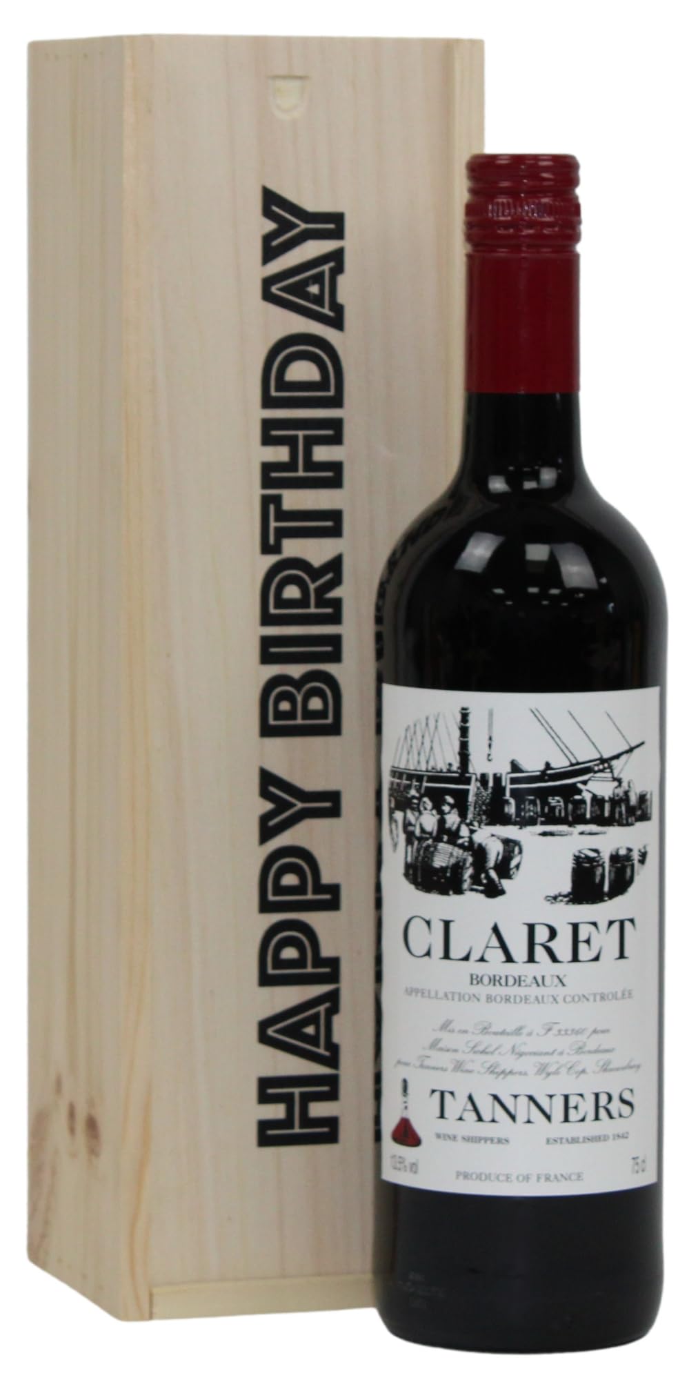 Tanners Claret Bordeaux Wine 75 cl, in a Happy Birthday Celebration Wooden Gift Box - Classic Red Wine Gift - Bordeaux French Red