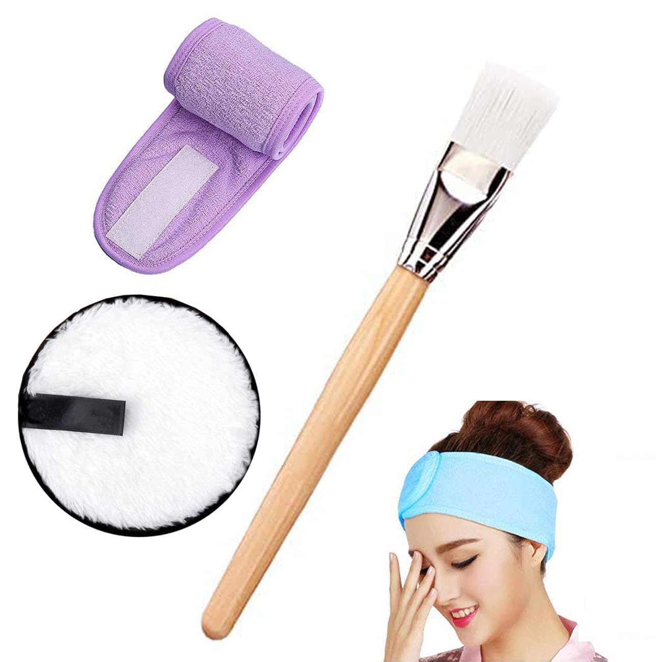 CRIYALE Reusable Makeup Remover Cleansing Pads, Wooden Face Pack Brush and Non-Slip Spa Headband Combo | Facial Mask Applicator Brush Cosmetic Foundation Puff Face Care Women Beauty Tool Kit