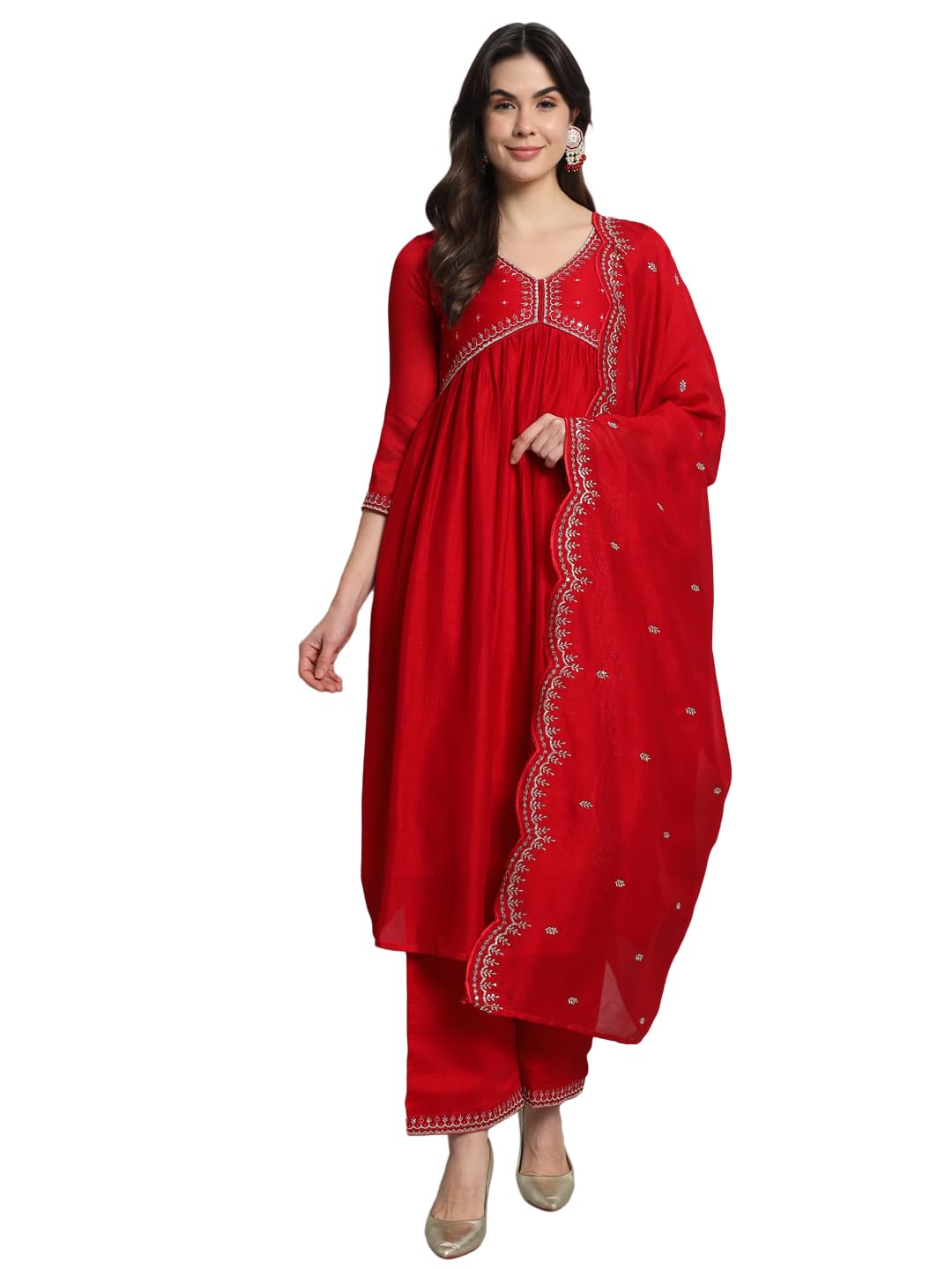 NaixaWomen's Vichitra Silk Embroidered A-line Kurta with Vichitra Silk Pant and Chinon Embroidered Dupatta Sets