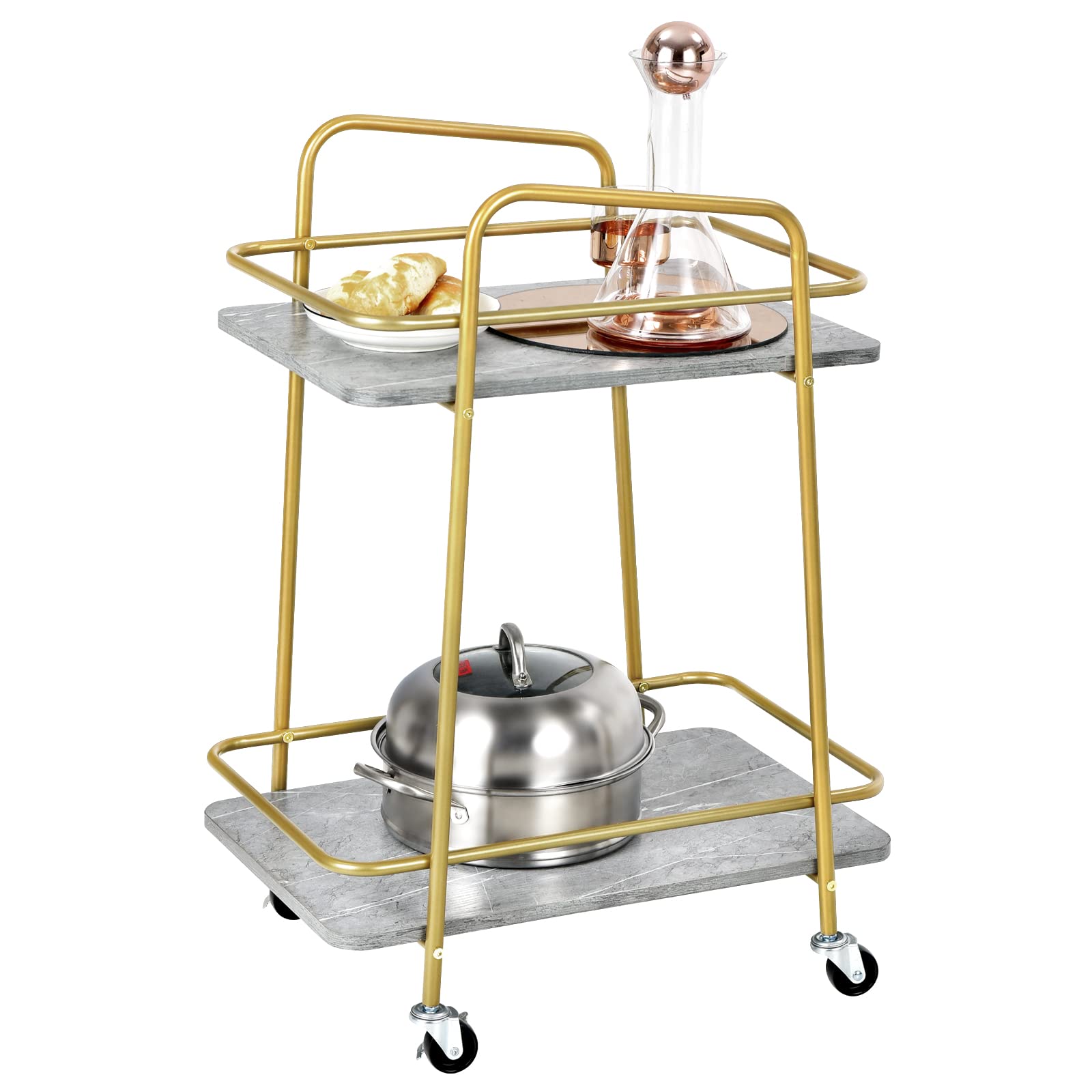 Giantex Kitchen Storage Cart, Mobile Island Service Cart, 2 Tier Storage Shelves with Guardrail, Imitation Marble Top, Home Utility Trolley on Wheels Lockable for Dining Room Wine Coffee Bar