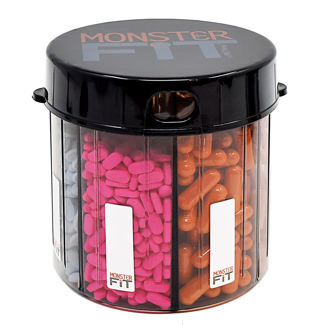 TS FIT Monster Supplement, Medication Pill Dispenser with Compartment Labels - Extra Large Pill Container Handles Almost Any Supplement