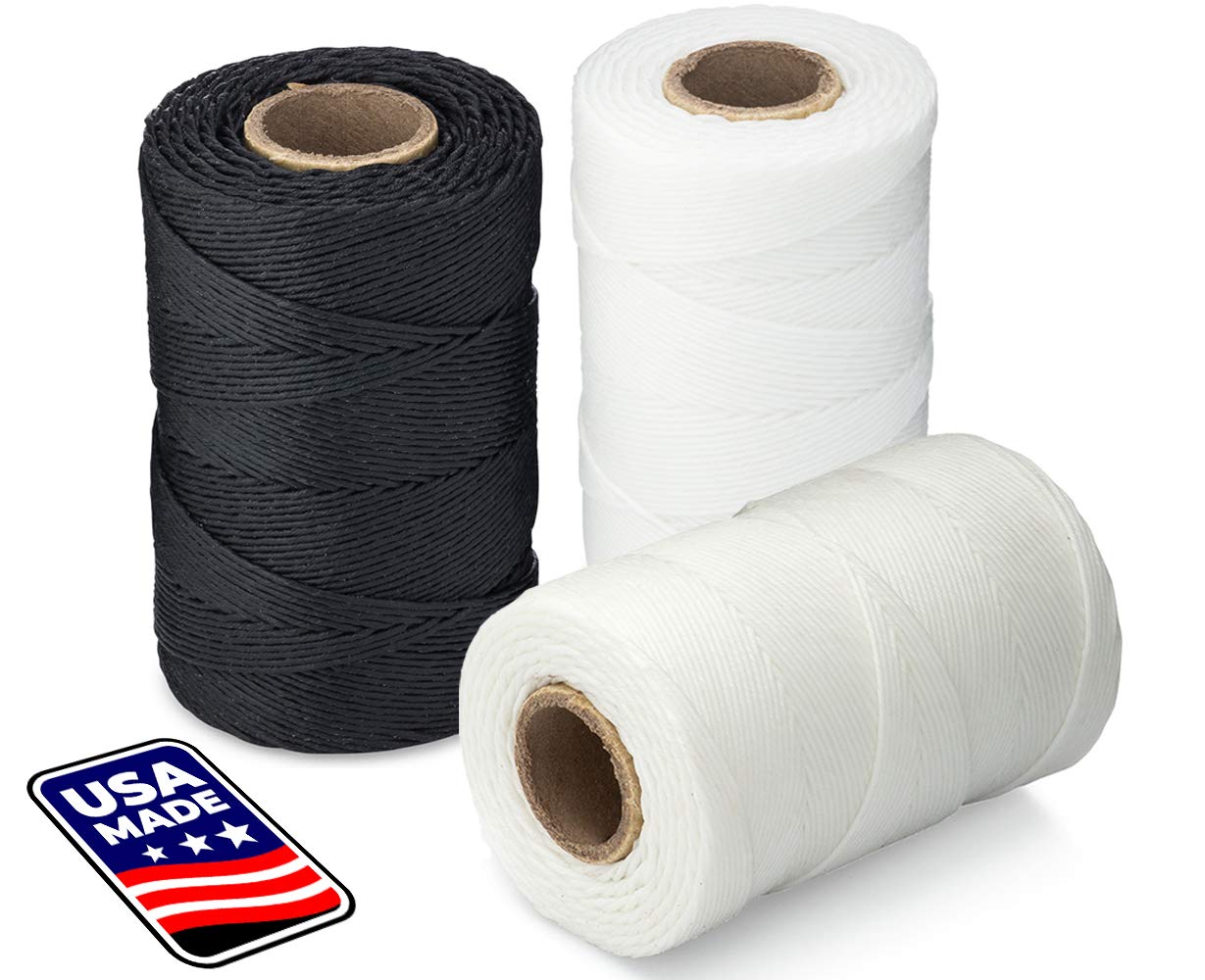 Waxed Twine 160 LBS Tensile Strength 1,005 feet per roll (335 Yards) | 9-ply | 100% Polyester | Cable Tie Down Wax Lacing Cord - Black & White Bundle