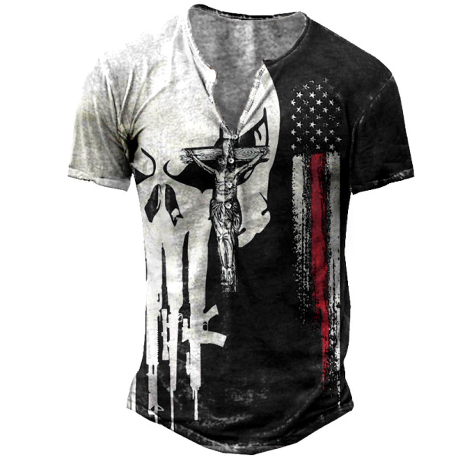 MTINDOMen's Street Fashion Sports Short Sleeve T Shirts Retro Distressed 3D Print Henley Neck T Shirt