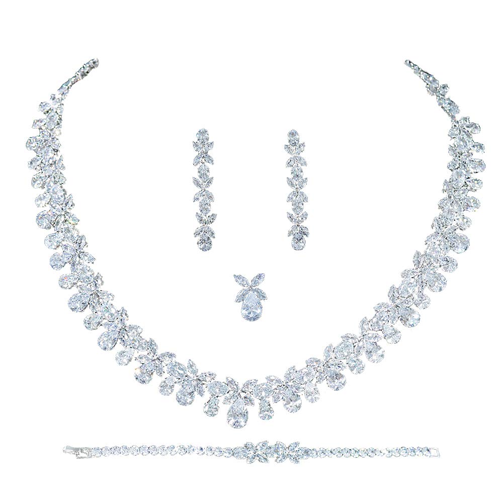 4 pcs 5A Full Zircon Dubai Wedding Bridal Jewelry Sets CZ Cubic Zirconia Necklace Bracelet Dangle Earrings and Ring Jewelry Gifts fit with Party Dress