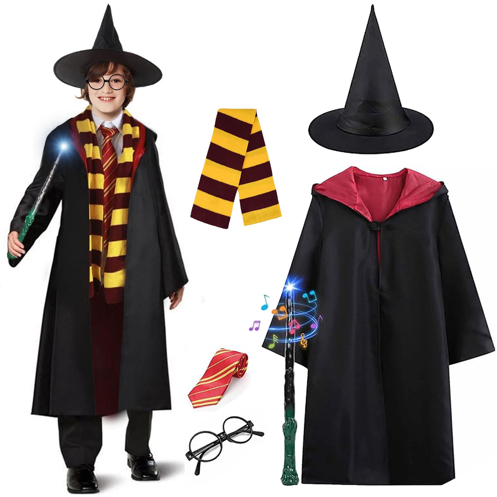 Pomefar Halloween Costumes for Kids, Halloween Costume Kit Includes Robe, Scarf, Tie, Glowing Wand, Glasses and Hat, Halloween Costumes for Boys Girls