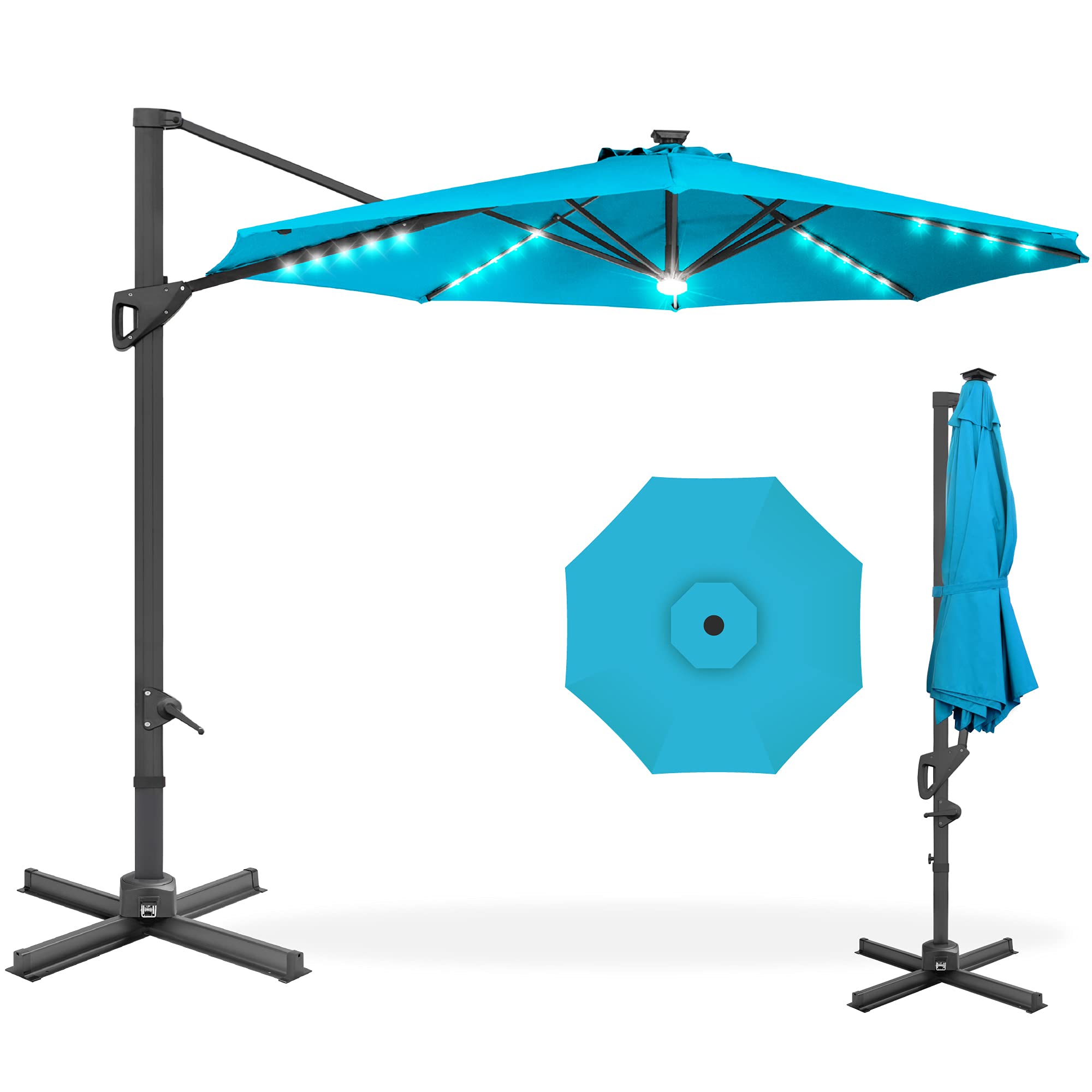 Best Choice Products 10ft Solar LED Cantilever Patio Umbrella, 360-Degree Rotation Hanging Offset Market Outdoor Sun Shade for Backyard, Deck, Poolside w/Lights, Easy Tilt, Cross Base