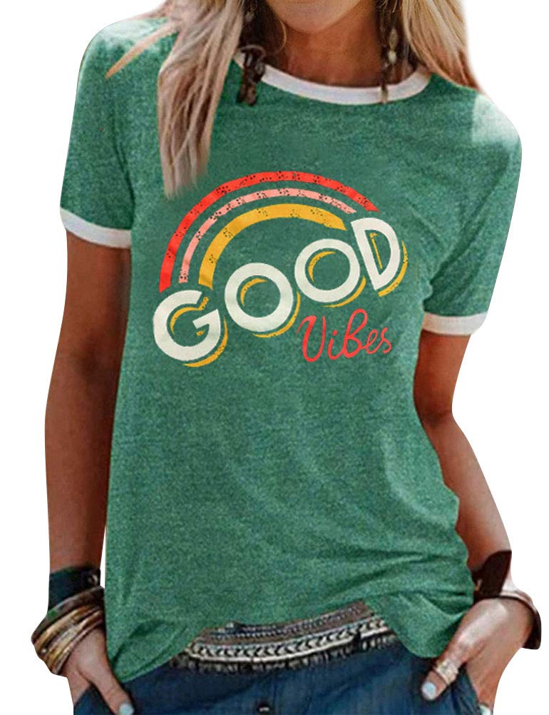 DresswelWomen Good Vibes T-Shirt Rainbow Graphic Print Short Sleeve Tee Shirts Summer Tops