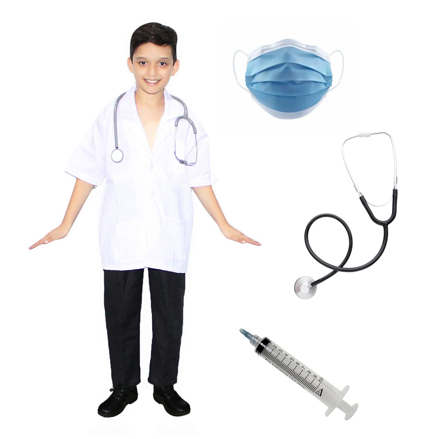 Kaku Fancy Dresses Polyester Our Community Helper Doctor Costume For Kids|Doctor Coat With Stethoscope, Facemask & Toy Injection|Doctor Dress For Boys & Girls - 7-8 Years,white