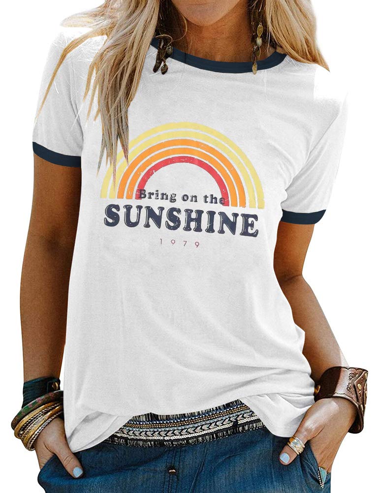 Women Bring On The Sunshine T-Shirt Short Sleeve Crew Neck Tee Tops Letter Print Shirts