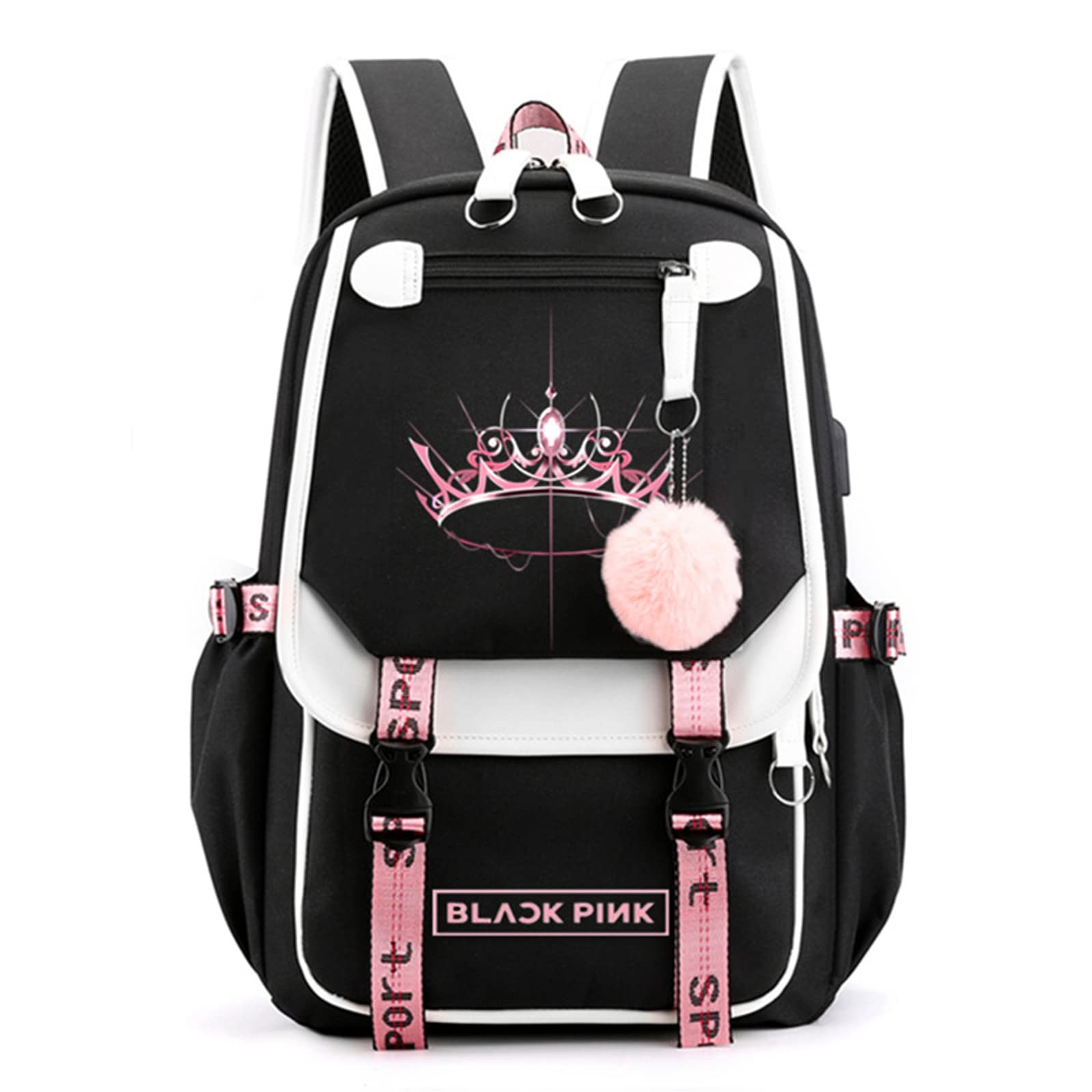 CUSALBOYKpop Backpack Lisa Rose JISOO Jennie Shouler Bag Messenger Bag Fashion USB Charging Backpack (black 8)